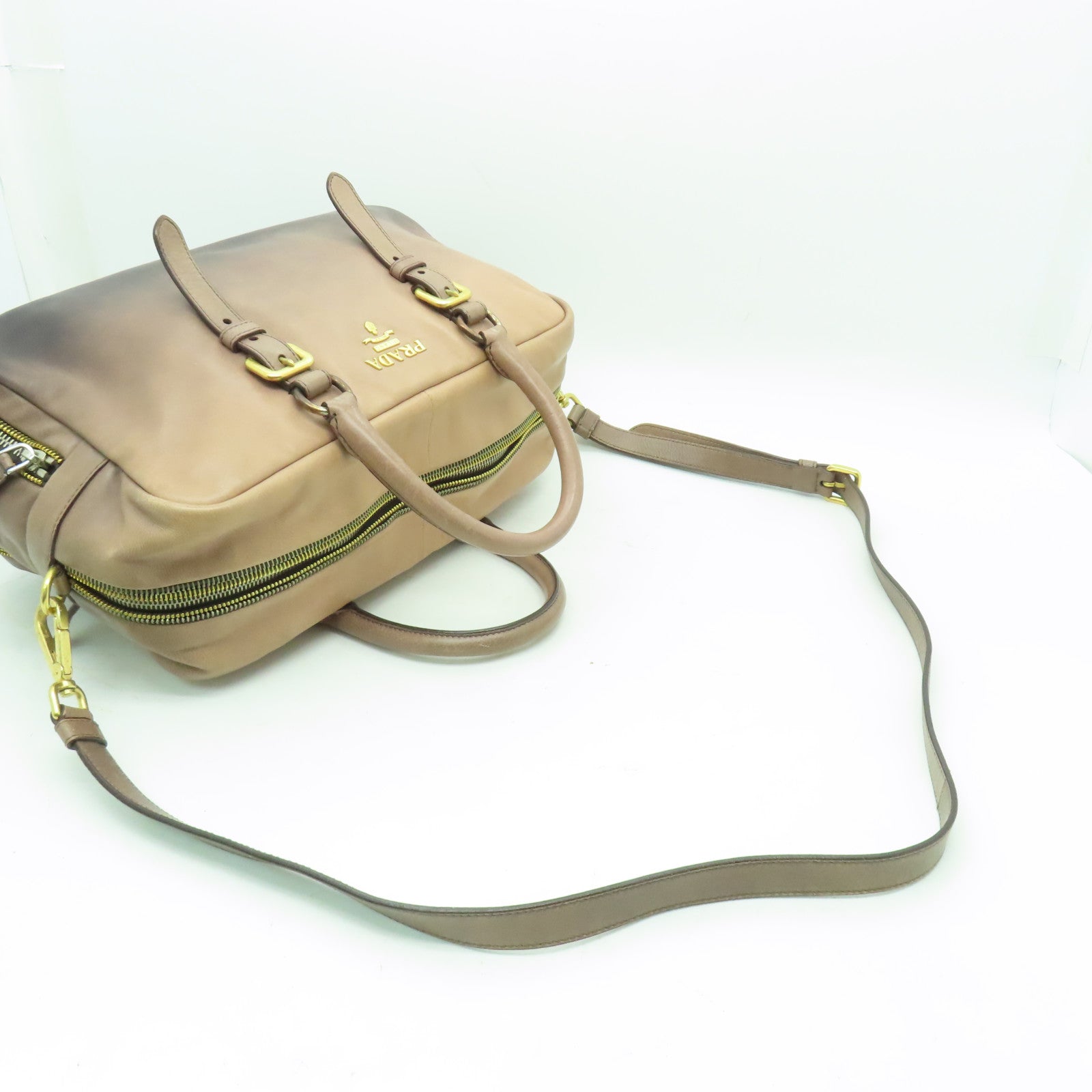 PRADA 【清倉大減價】牛皮皮革2way Shoulder Bag金扣手拿包米色/灰色