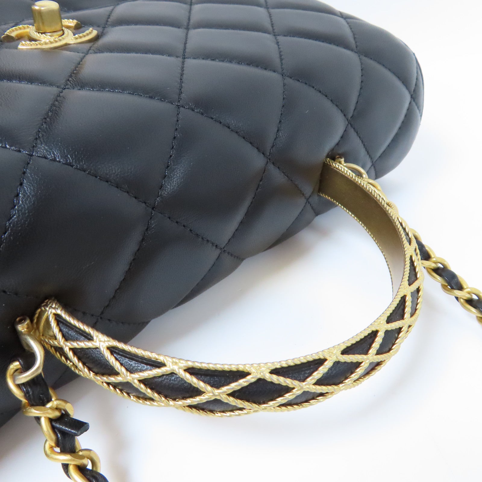 CHANEL 【激減優惠】菱格羊皮皮革Top Handle Flap金扣鏈帶手挽肩背兩用袋黑色