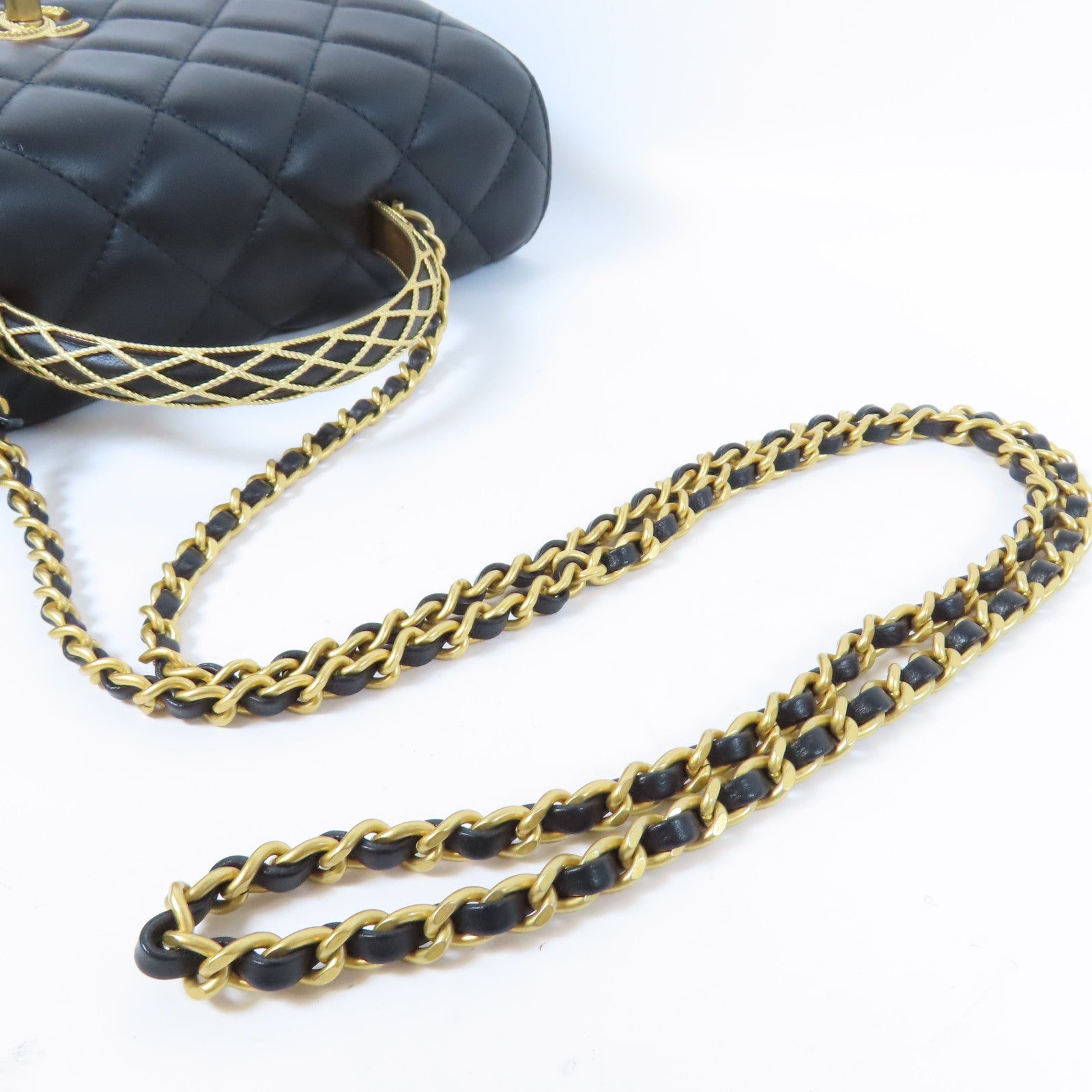 CHANEL 【激減優惠】菱格羊皮皮革Top Handle Flap金扣鏈帶手挽肩背兩用袋黑色