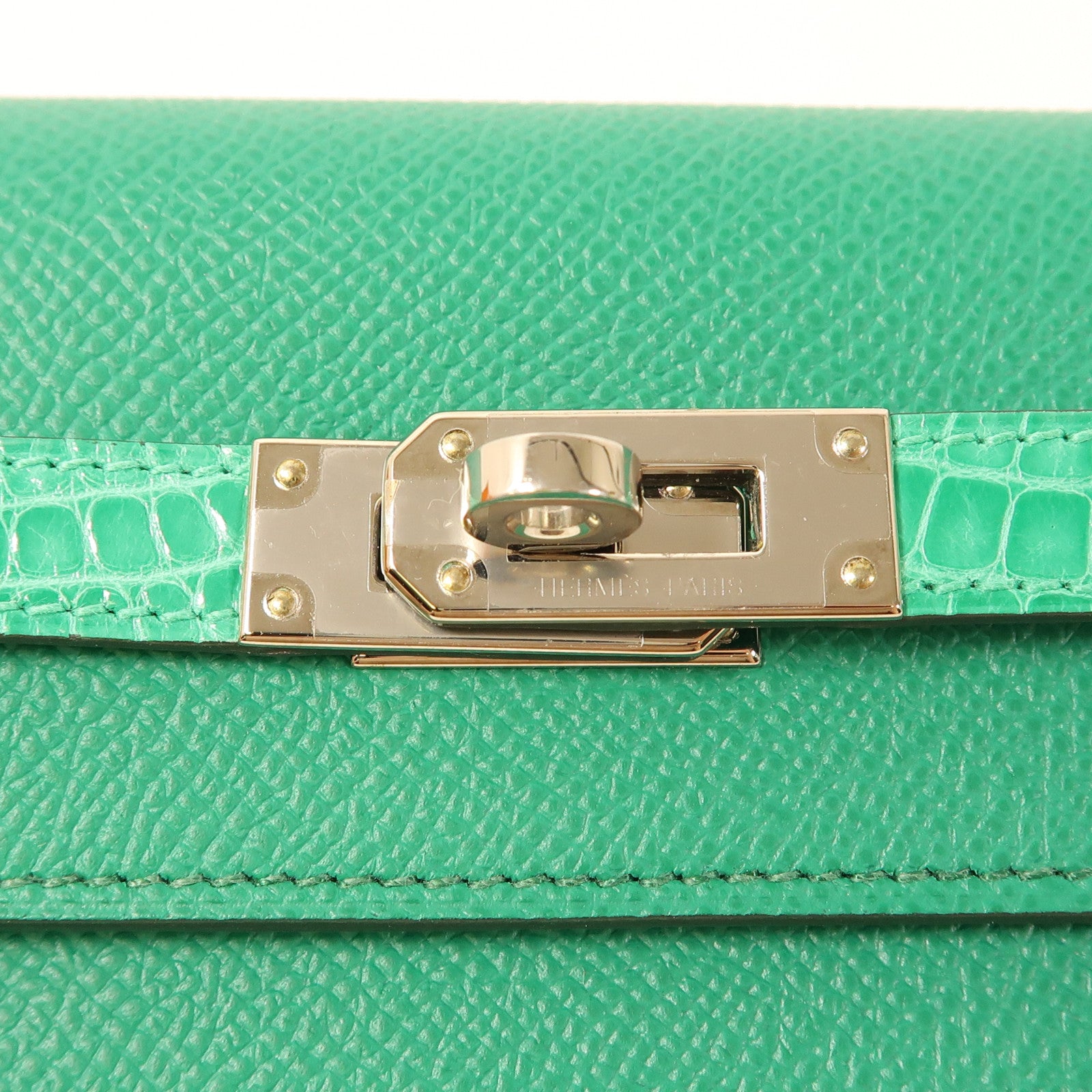 HERMES Epsom/鱷魚皮革Kelly To Go銀扣手挽袋U6 Vert Jade