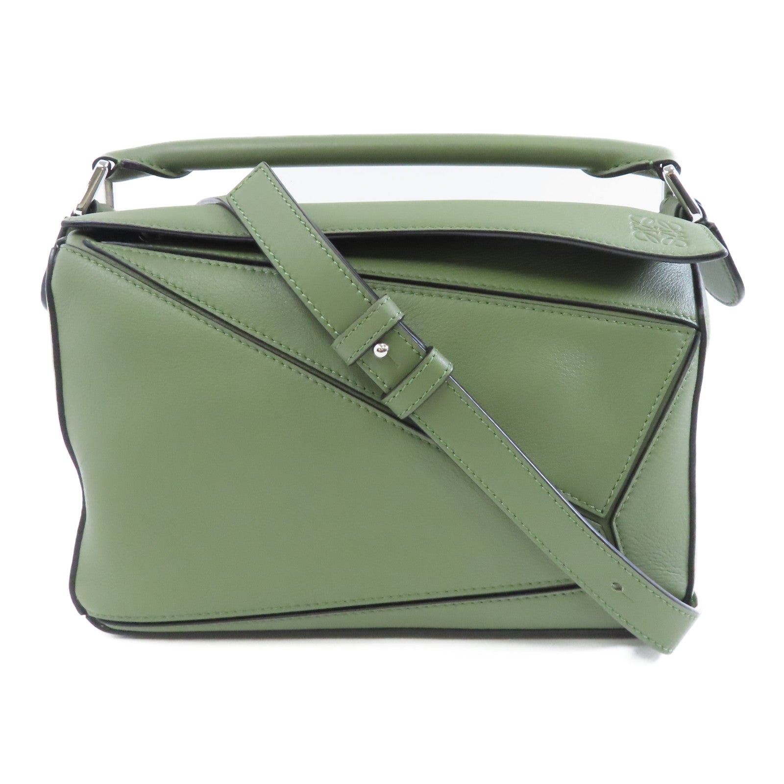 LOEWE 牛皮皮革Puzzle Small金扣手挽肩背兩用袋綠色