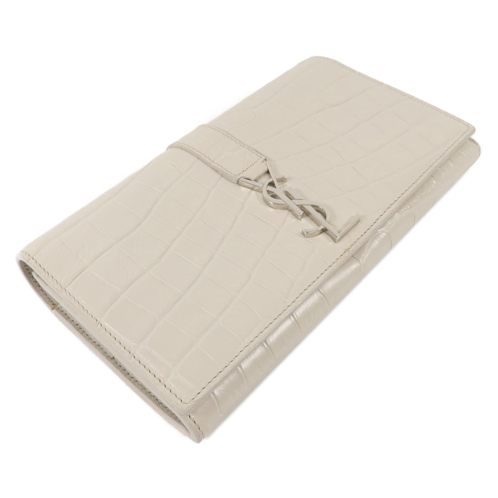 YVES SAINT LAURENT 牛皮皮革Crocodile Embossed Flap Long Wallet長錢包