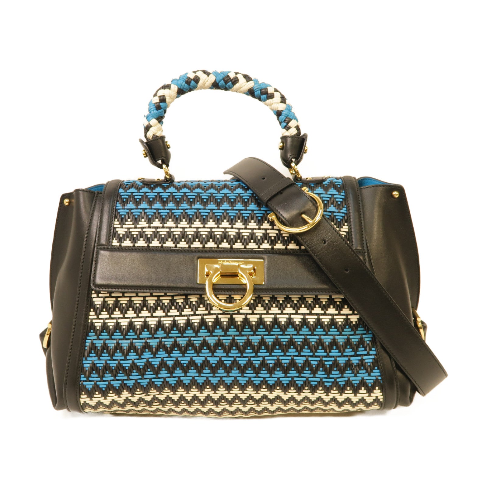 Salvatore Ferragamo 牛皮皮革2way Shoulder Bag金扣手挽肩背兩用袋黑色/白色/藍色
