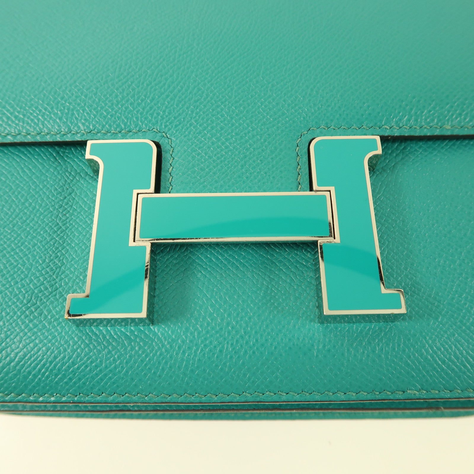 HERMES Epsom皮革Constance 24銀扣肩背袋Blue Paon/Menthe