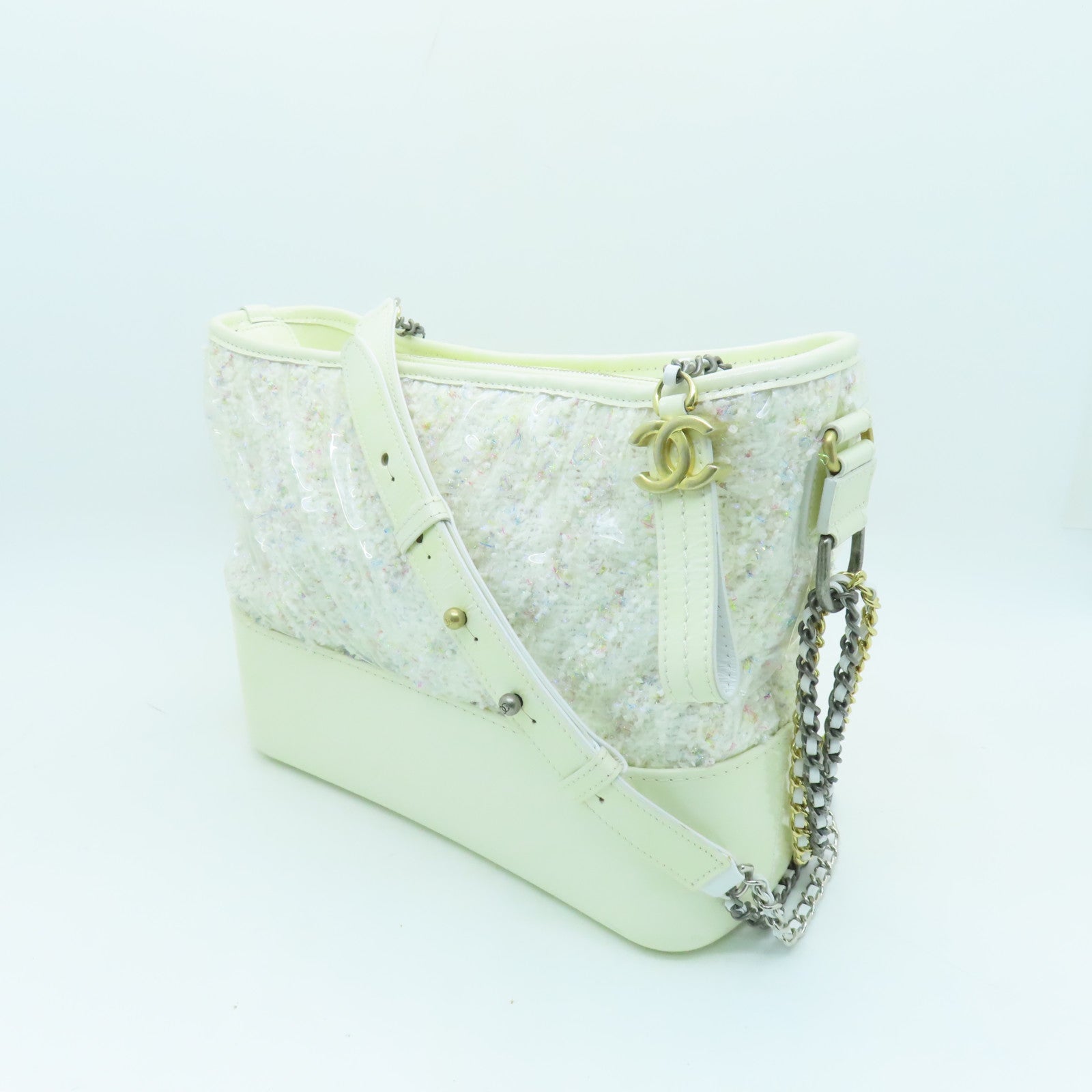CHANEL 【激減優惠】塗層帆布/牛皮皮革Chain Shoulder Bag金扣/銀扣鏈帶肩背袋白色