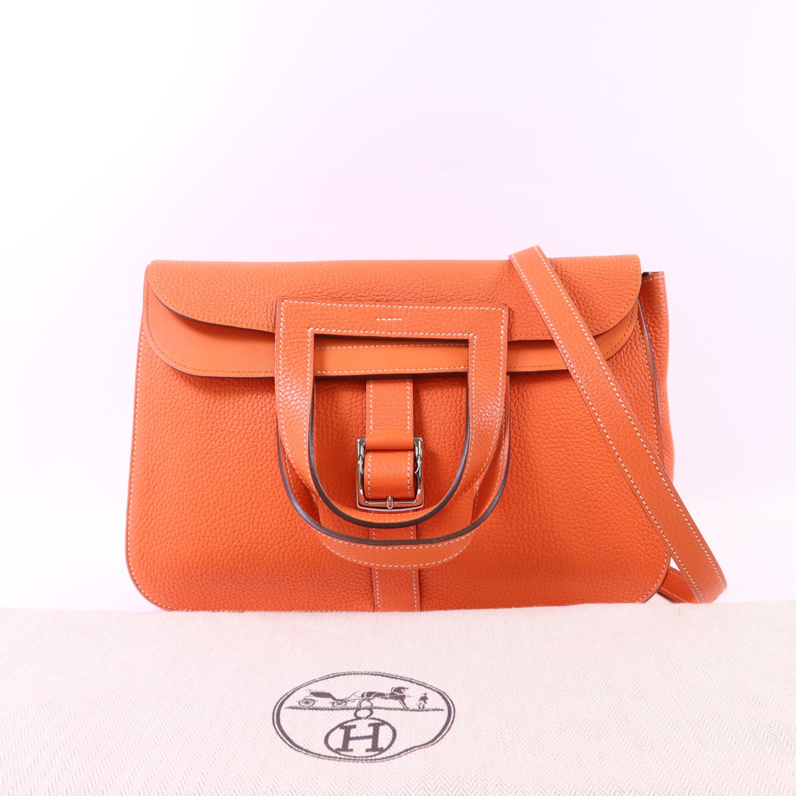HERMES Clemence皮革Halzan 31銀扣手挽肩背兩用袋Orange Poppy