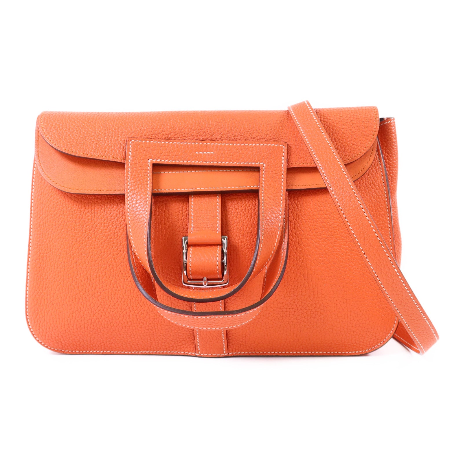 HERMES Clemence皮革Halzan 31銀扣手挽肩背兩用袋Orange Poppy
