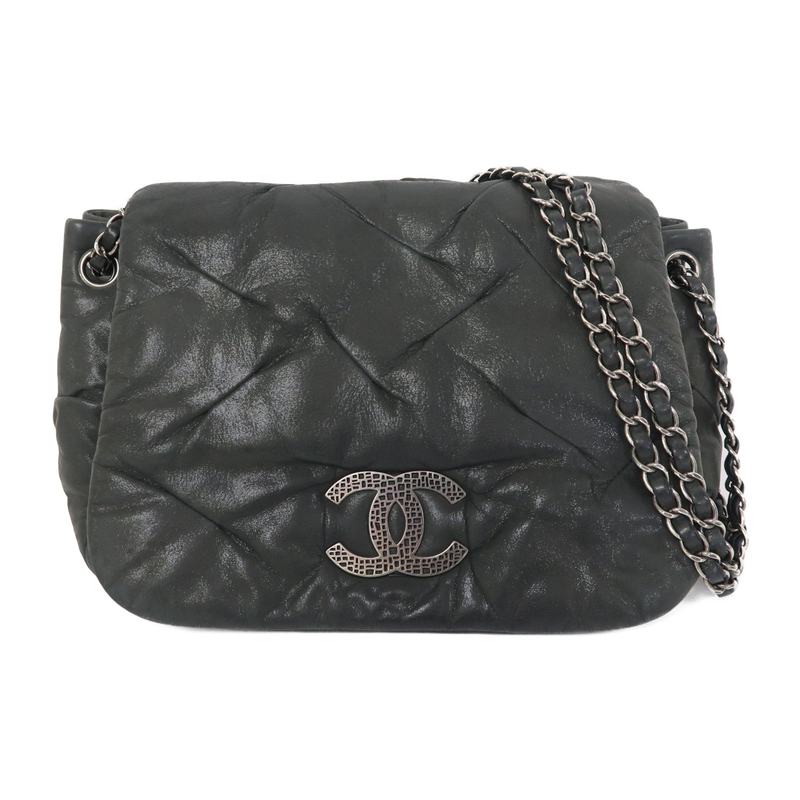 CHANEL 牛皮皮革Shoulder Bag銀扣肩背袋深藍色