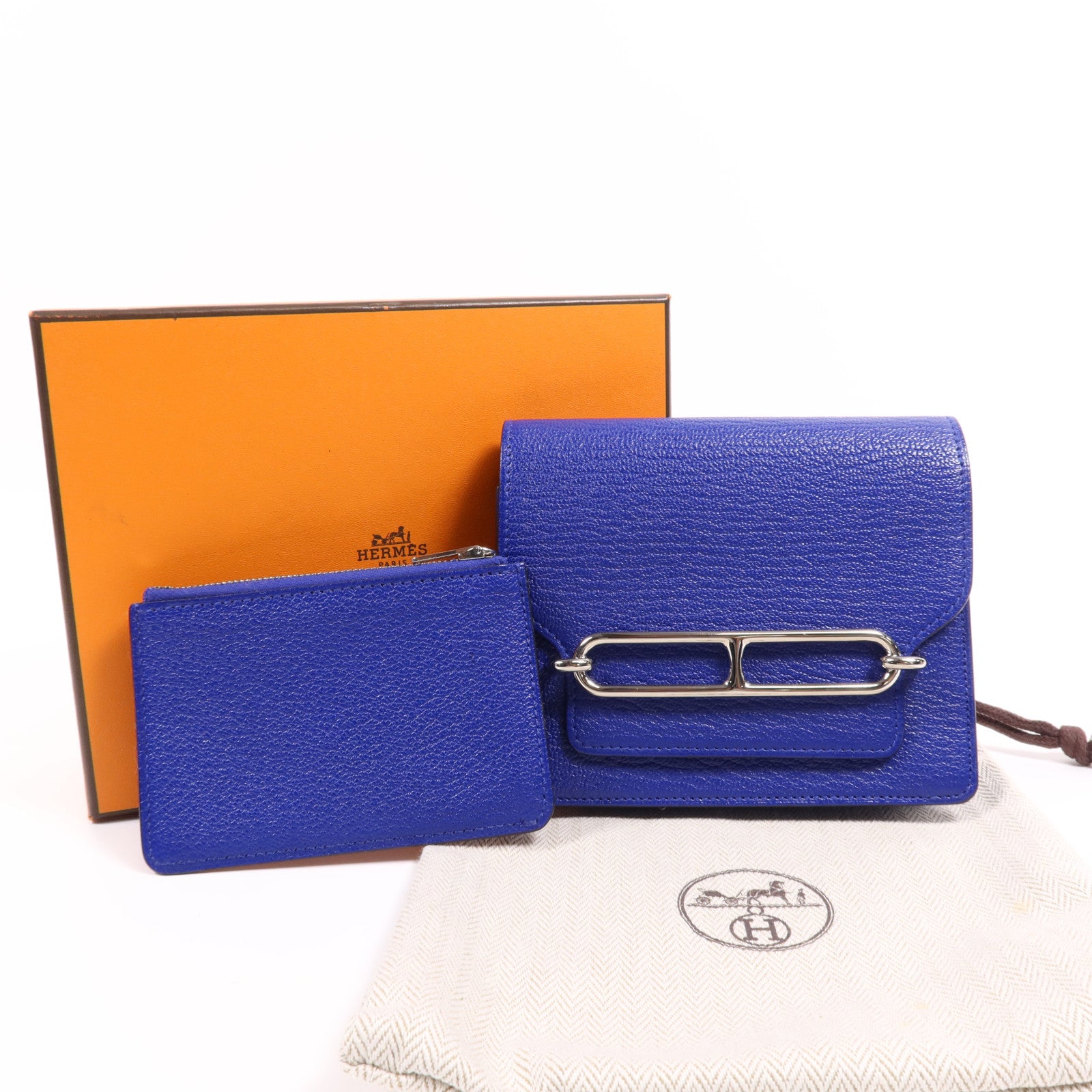 HERMES Chevre皮革Roulis Slim手拿包Bleu Electrique