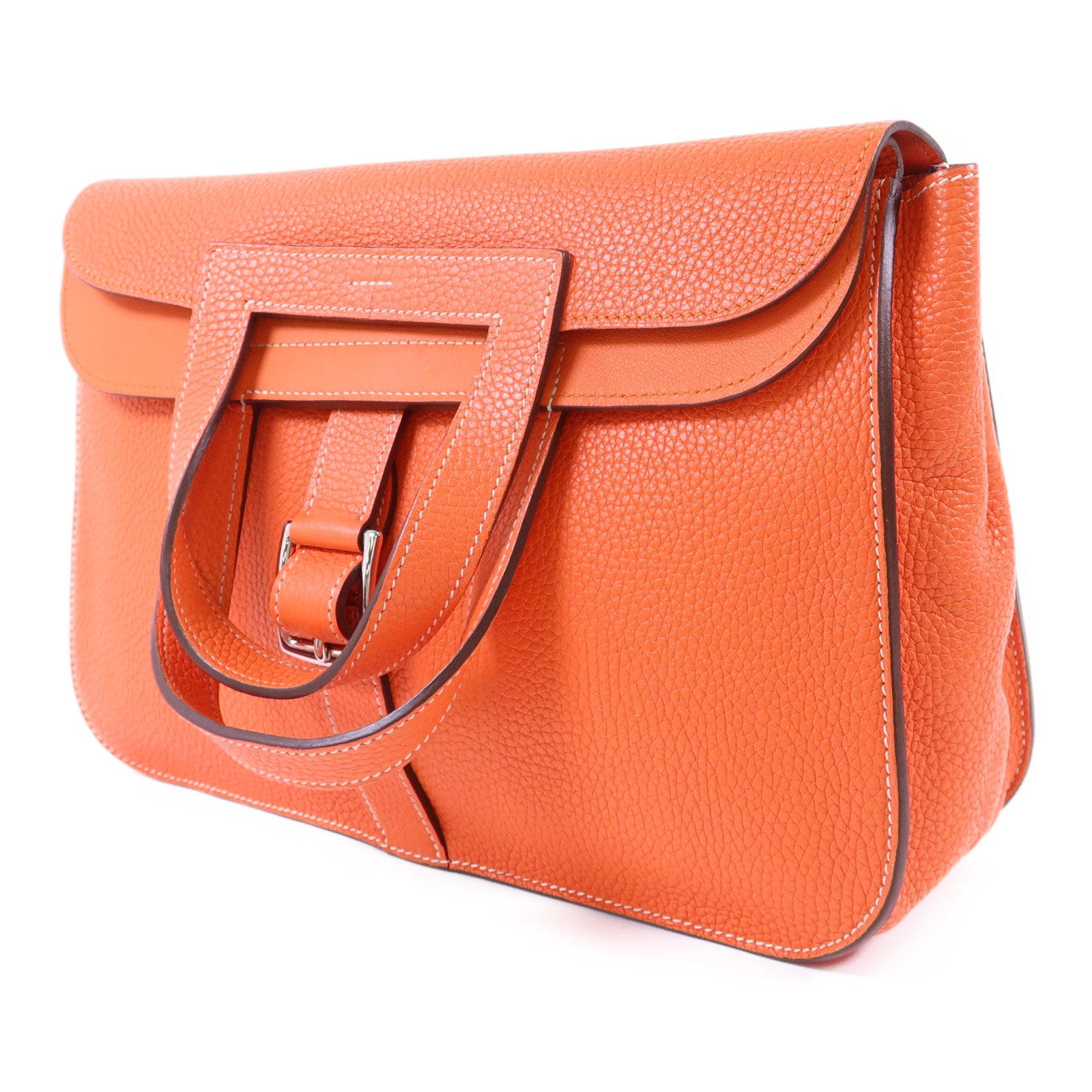 HERMES Clemence皮革Halzan 31銀扣手挽肩背兩用袋Orange Poppy