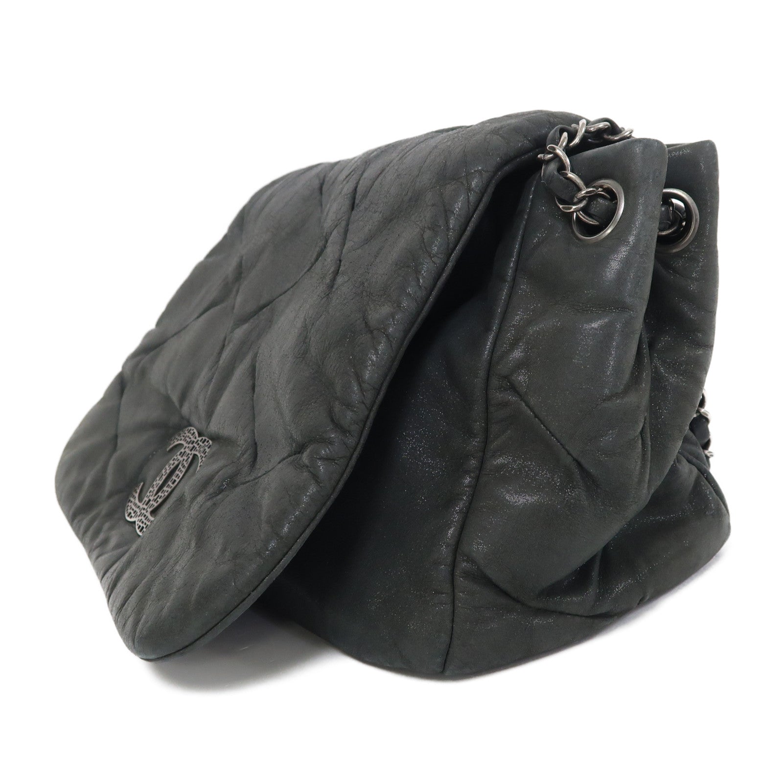 CHANEL 牛皮皮革Shoulder Bag銀扣肩背袋深藍色