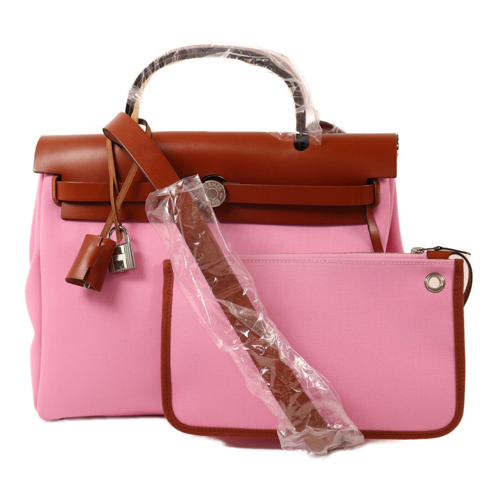 HERMES 【激減優惠】帆布Herbag PM銀扣手挽肩背兩用袋Rose Azalee