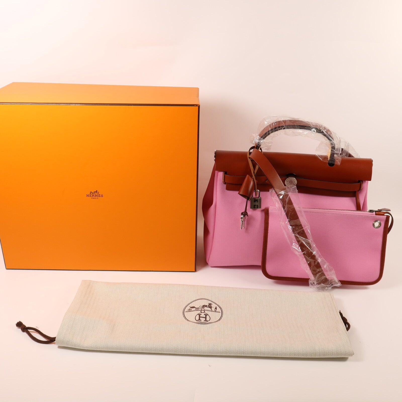 HERMES 【激減優惠】帆布Herbag PM銀扣手挽肩背兩用袋Rose Azalee