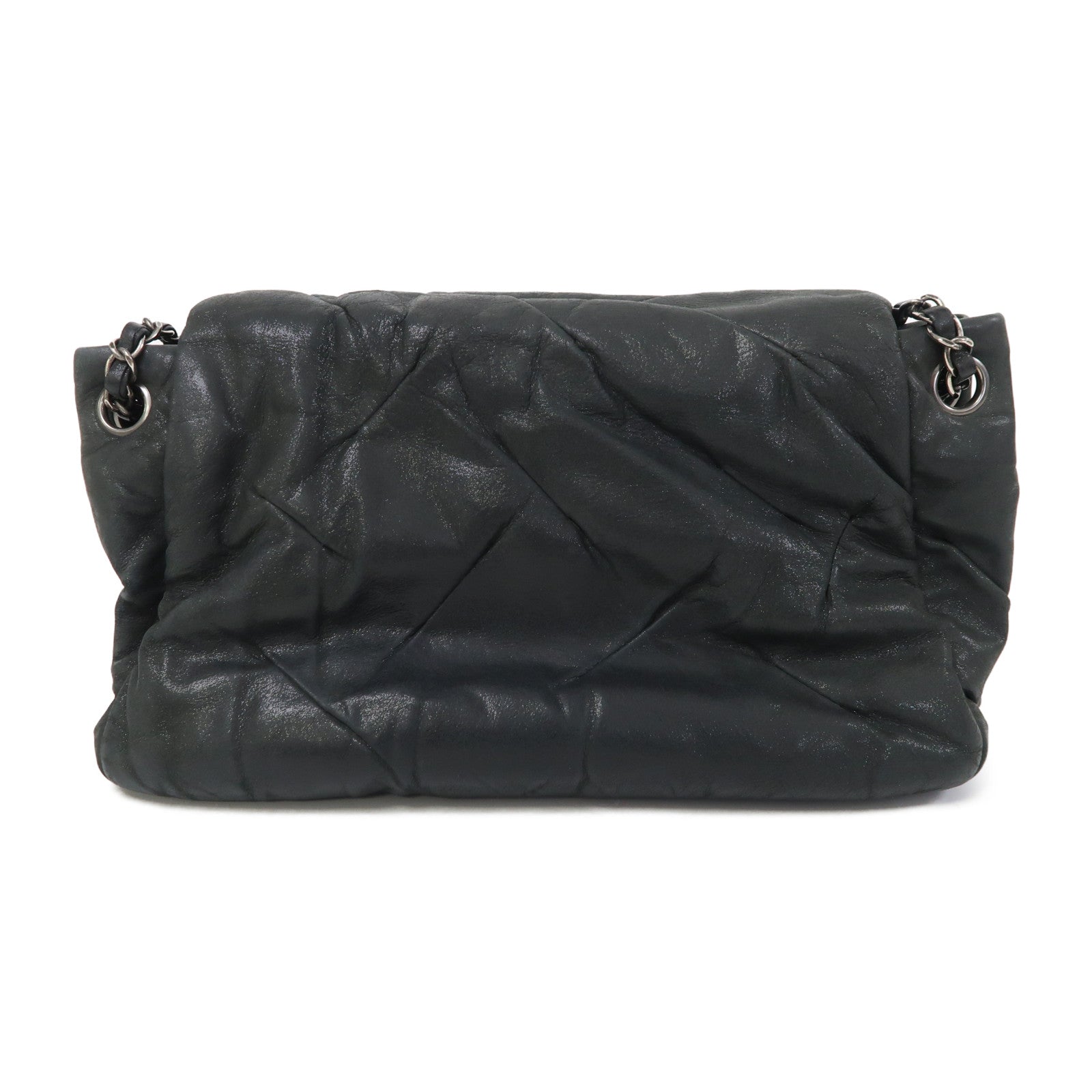CHANEL 牛皮皮革Shoulder Bag銀扣肩背袋深藍色