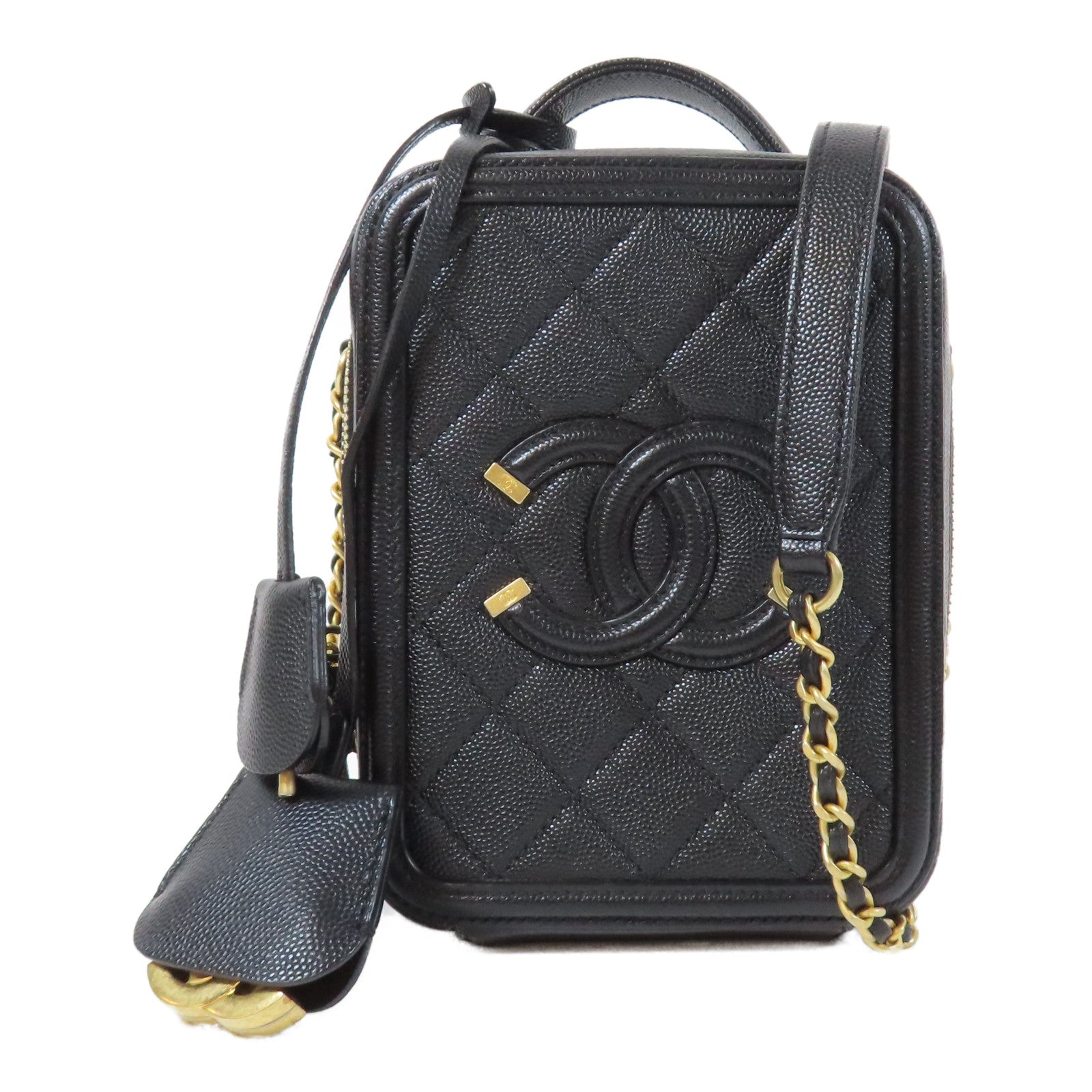 CHANEL 菱格Caviar皮革Vanity Case金扣鏈帶手挽肩背兩用袋黑色