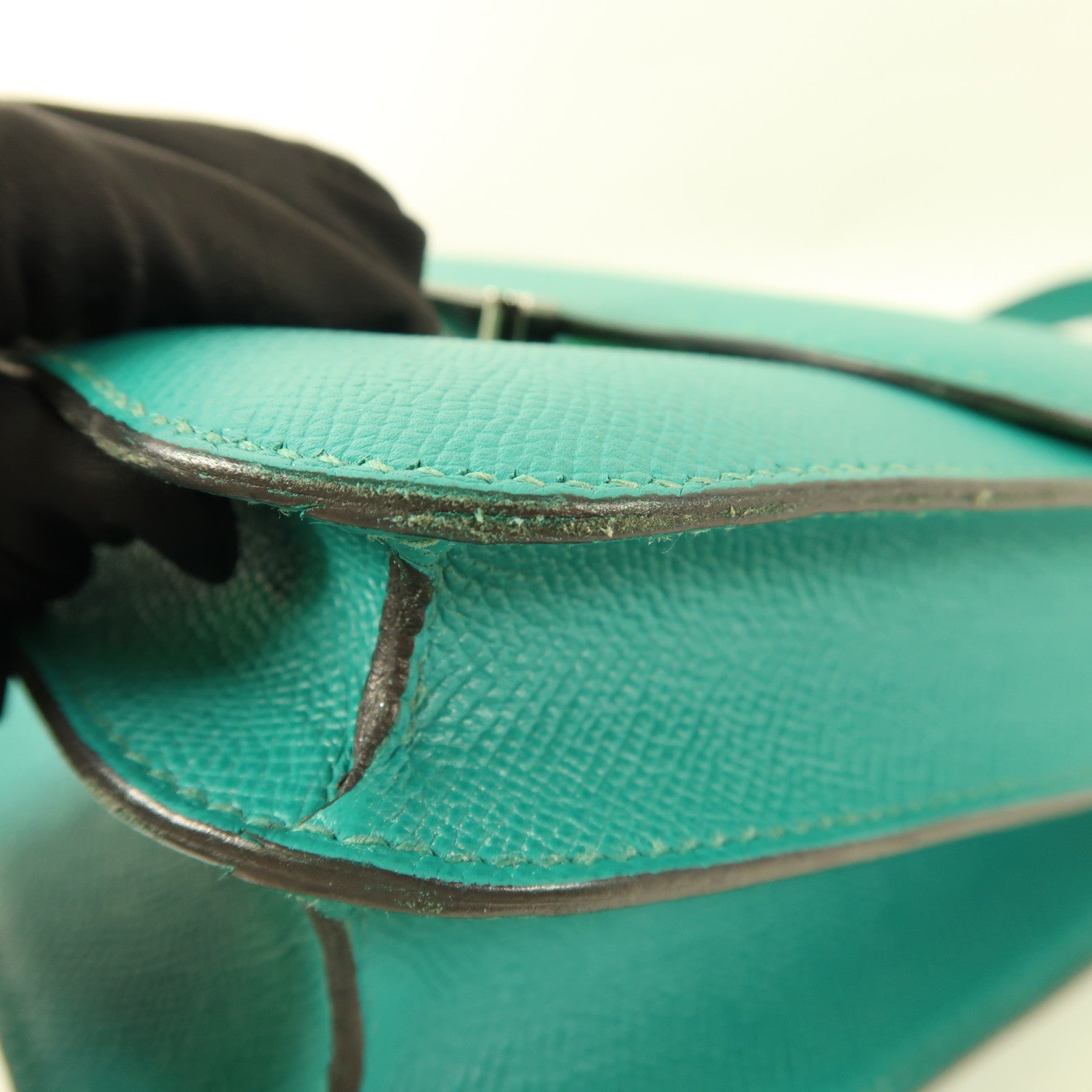 HERMES Epsom皮革Constance 24銀扣肩背袋Blue Paon/Menthe