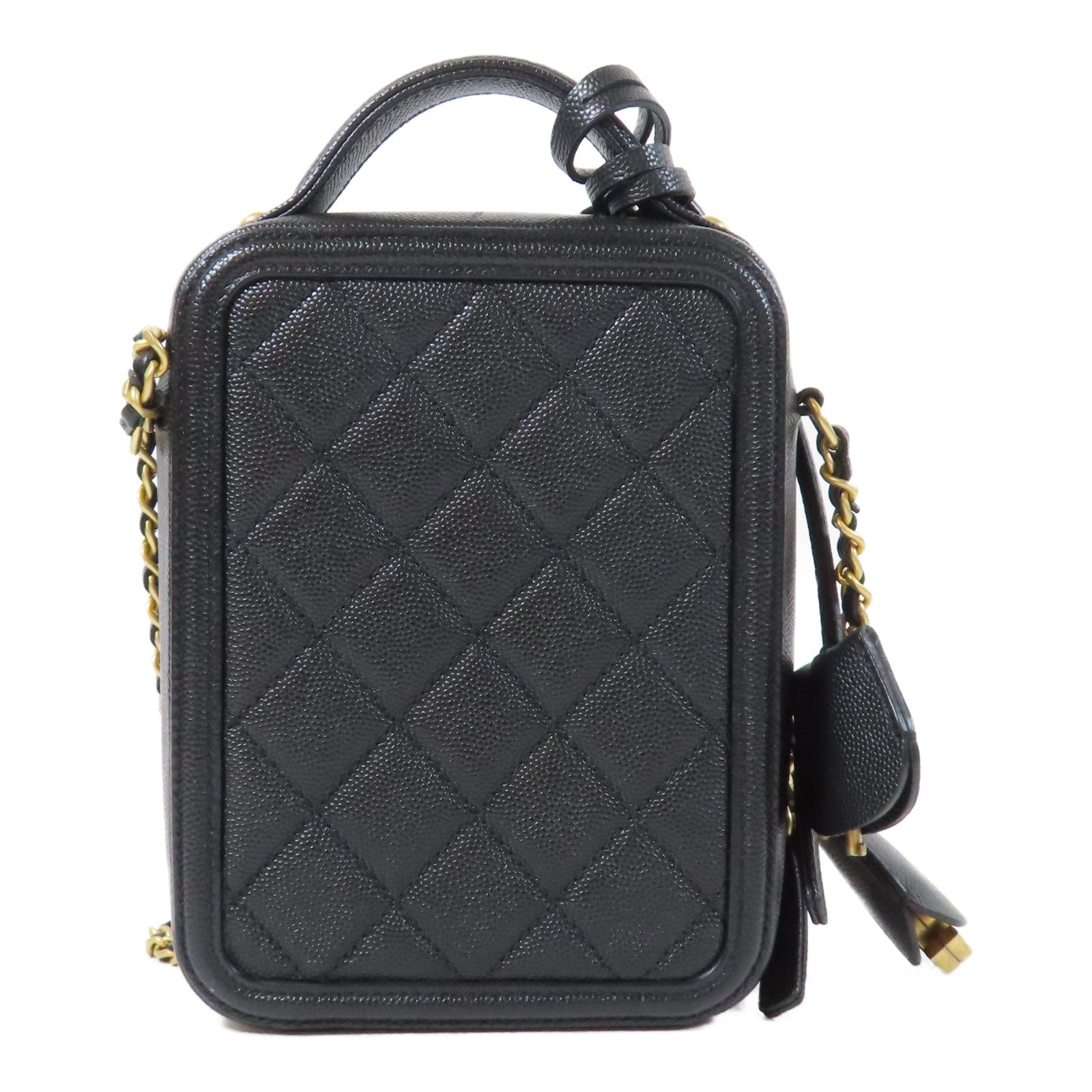 CHANEL 菱格Caviar皮革Vanity Case金扣鏈帶手挽肩背兩用袋黑色