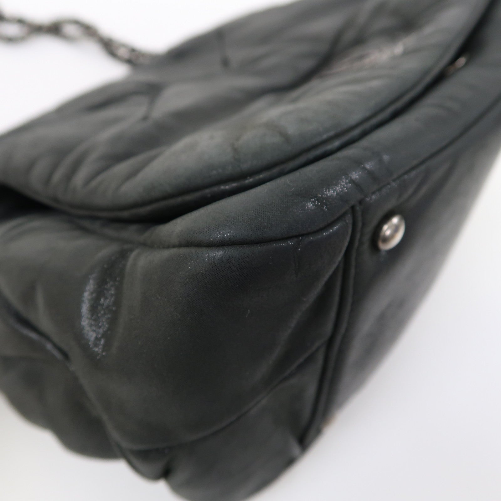 CHANEL 牛皮皮革Shoulder Bag銀扣肩背袋深藍色