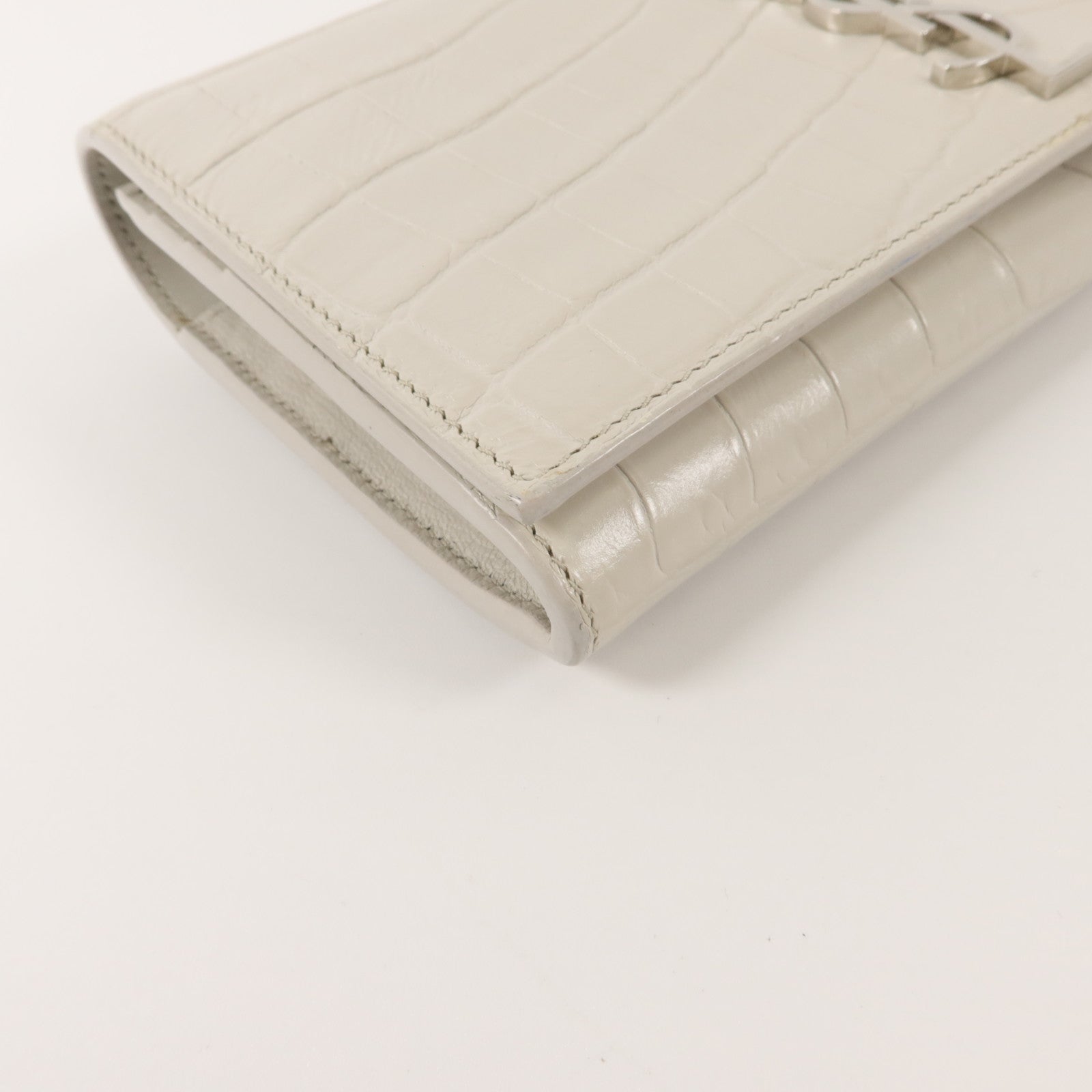 YVES SAINT LAURENT 牛皮皮革Crocodile Embossed Flap Long Wallet長錢包