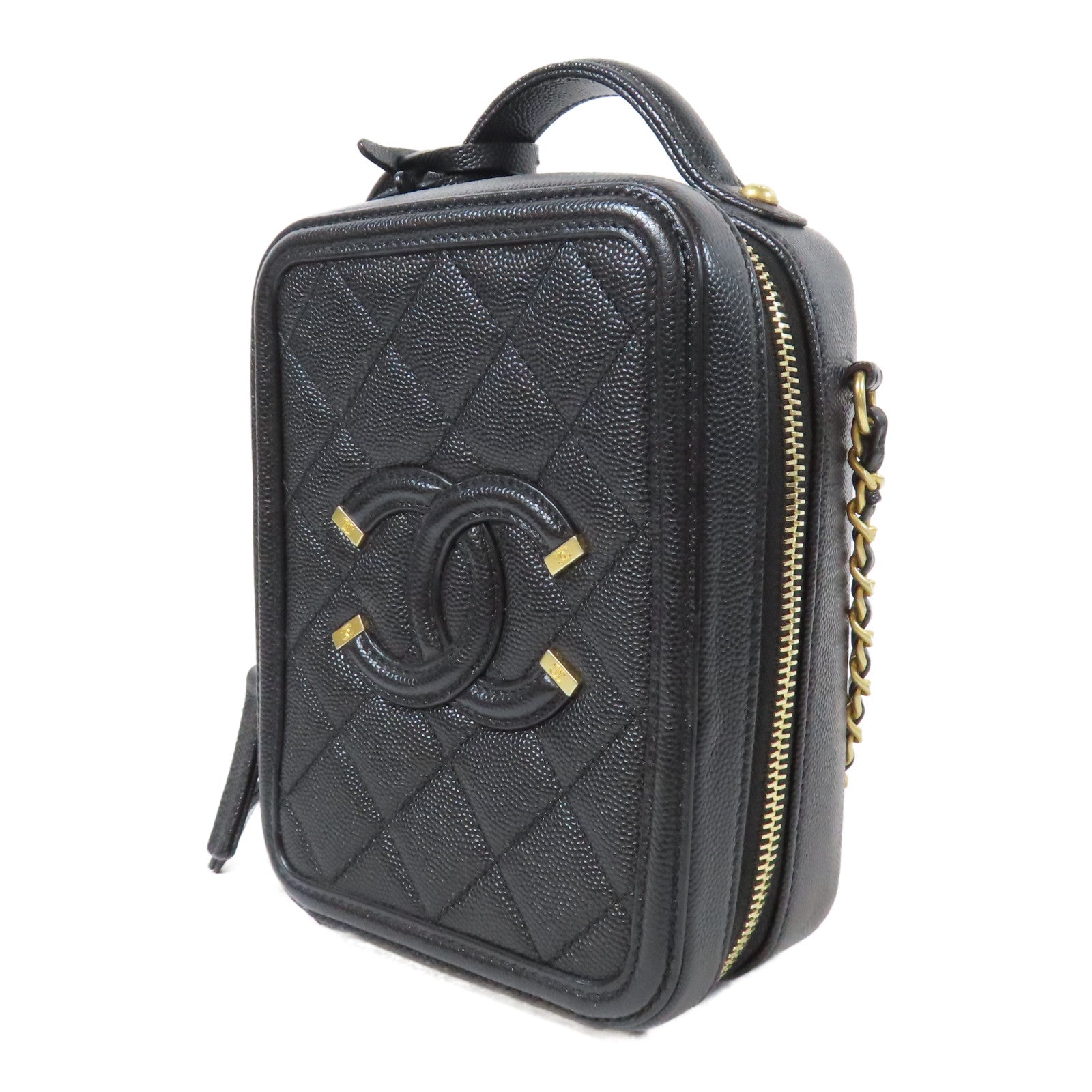 CHANEL 菱格Caviar皮革Vanity Case金扣鏈帶手挽肩背兩用袋黑色