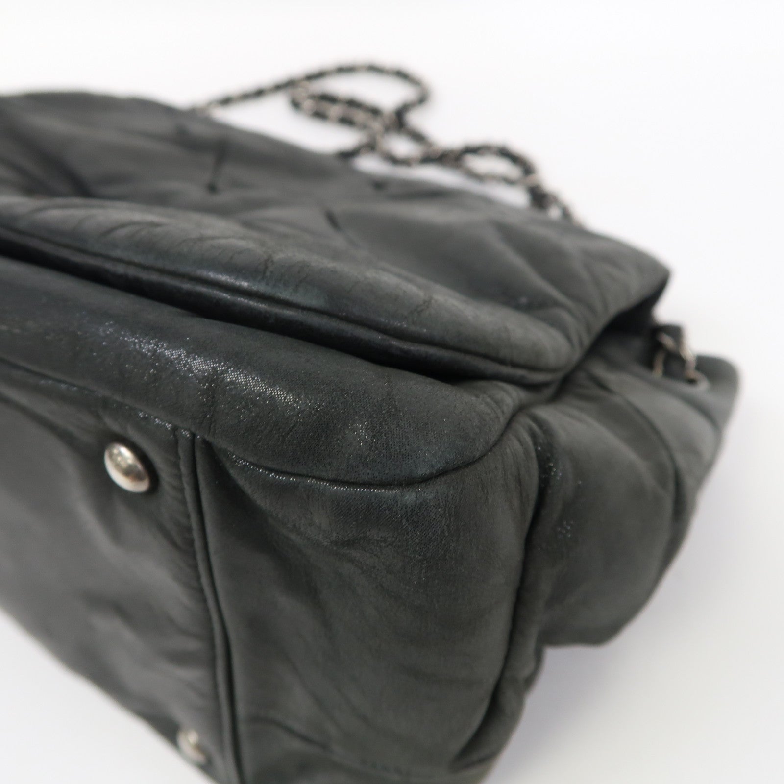 CHANEL 牛皮皮革Shoulder Bag銀扣肩背袋深藍色
