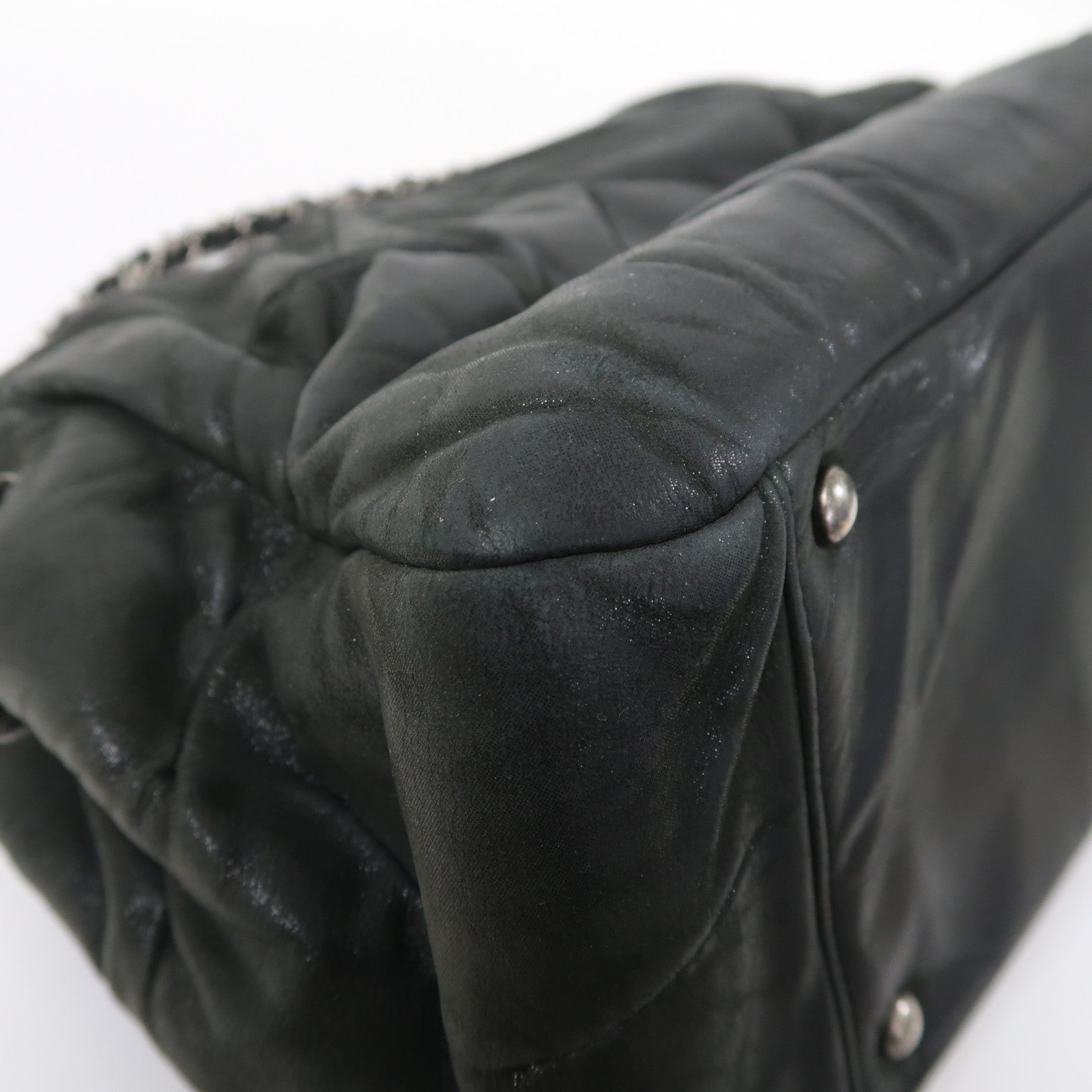 CHANEL 牛皮皮革Shoulder Bag銀扣肩背袋深藍色