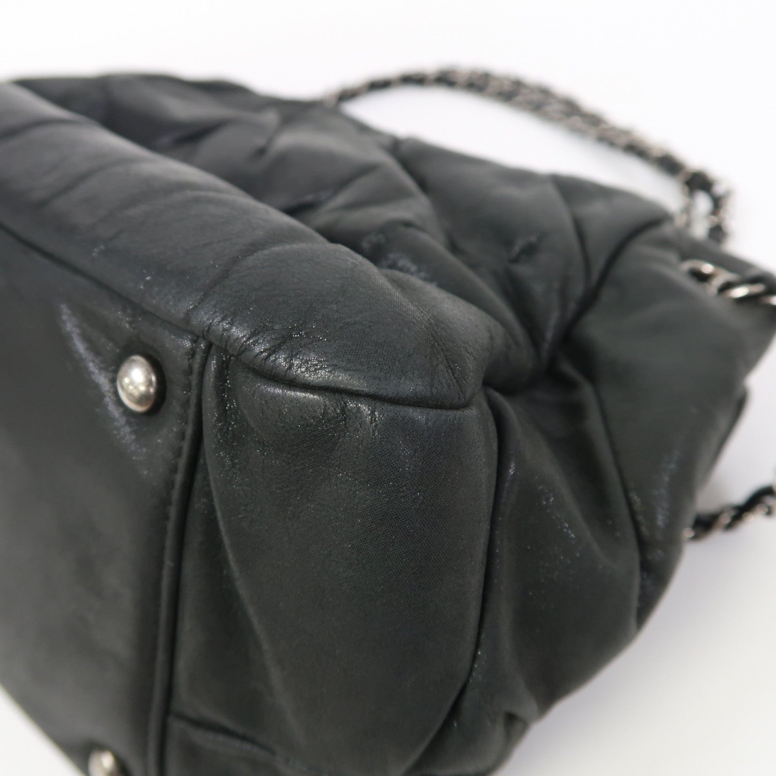 CHANEL 牛皮皮革Shoulder Bag銀扣肩背袋深藍色