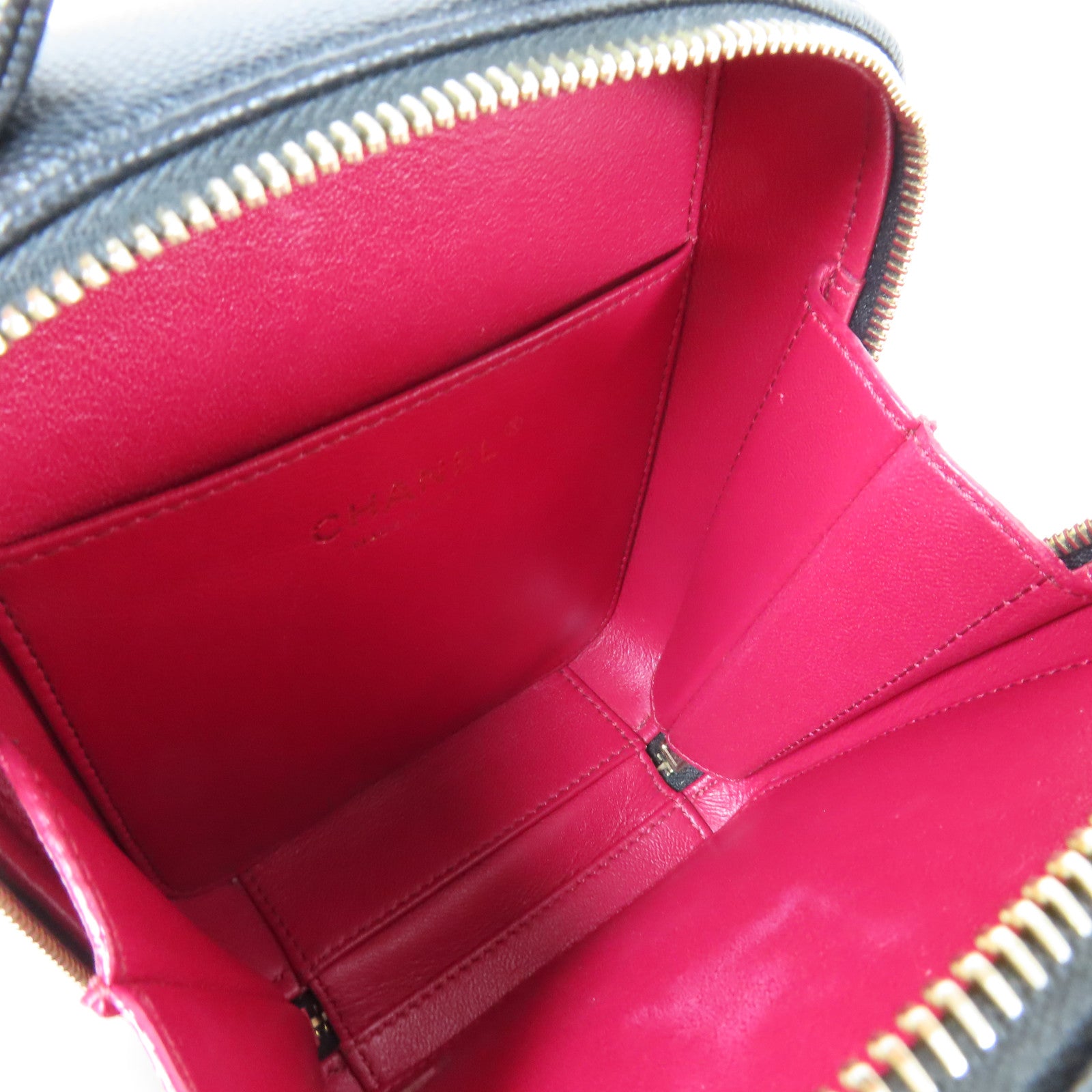 CHANEL 菱格Caviar皮革Vanity Case金扣鏈帶手挽肩背兩用袋黑色