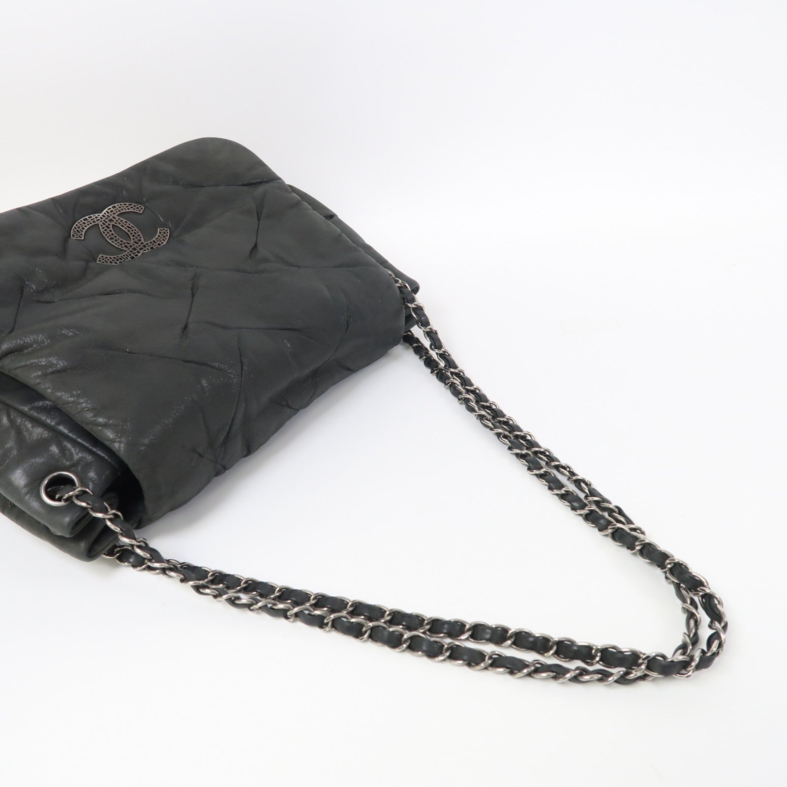 CHANEL 牛皮皮革Shoulder Bag銀扣肩背袋深藍色
