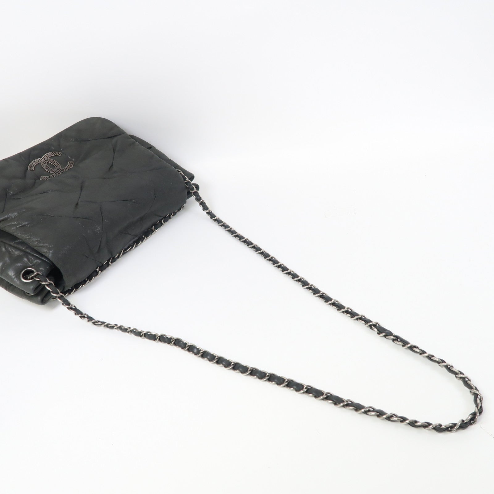 CHANEL 牛皮皮革Shoulder Bag銀扣肩背袋深藍色