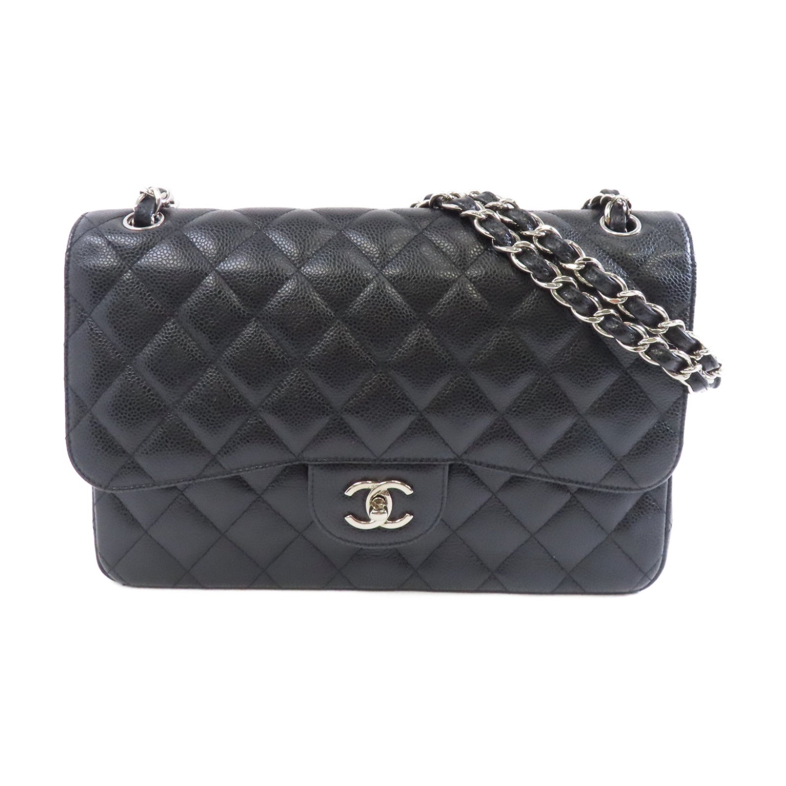 CHANEL 菱格Caviar皮革Classic Jumbo銀扣鏈帶肩背袋黑色