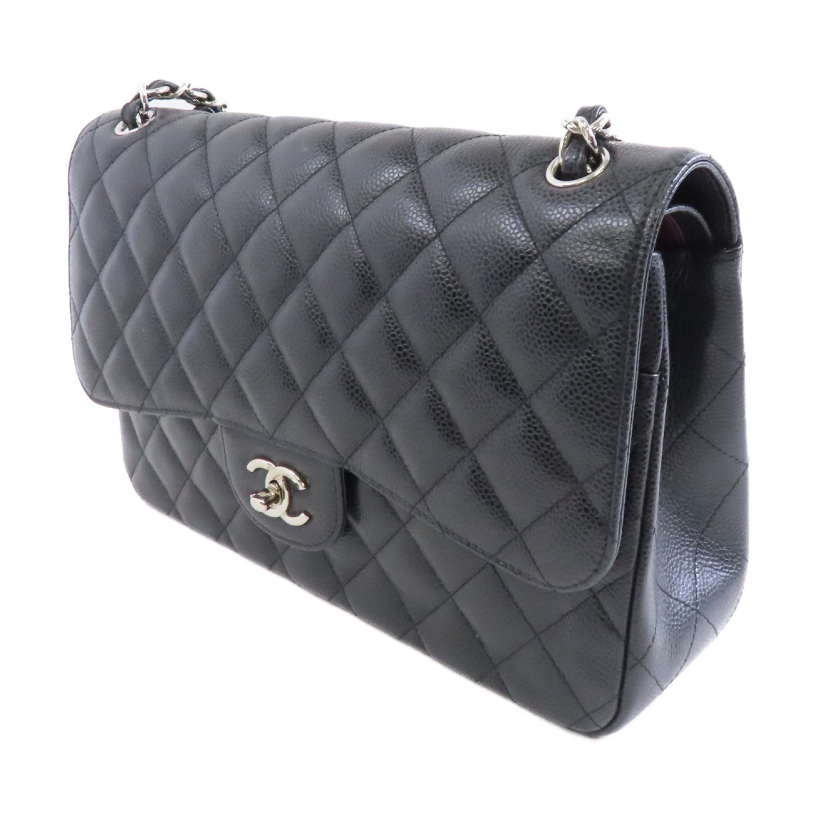 CHANEL 菱格Caviar皮革Classic Jumbo銀扣鏈帶肩背袋黑色