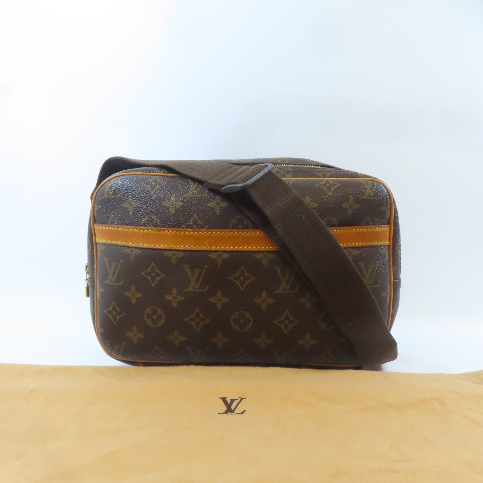 LOUIS VUITTON Monogram Reporter PM金扣肩背袋啡色