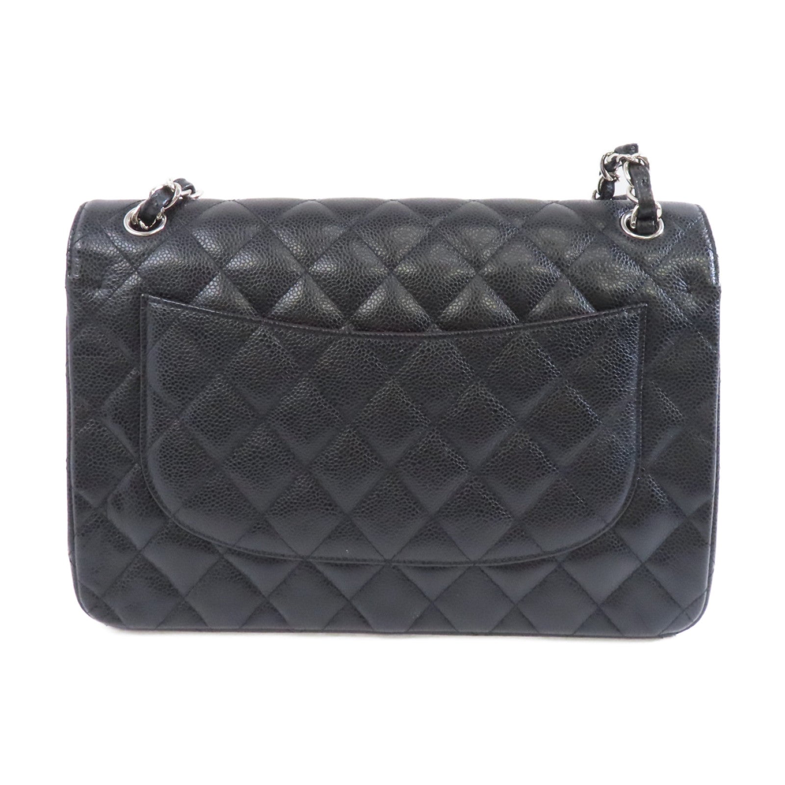 CHANEL 菱格Caviar皮革Classic Jumbo銀扣鏈帶肩背袋黑色