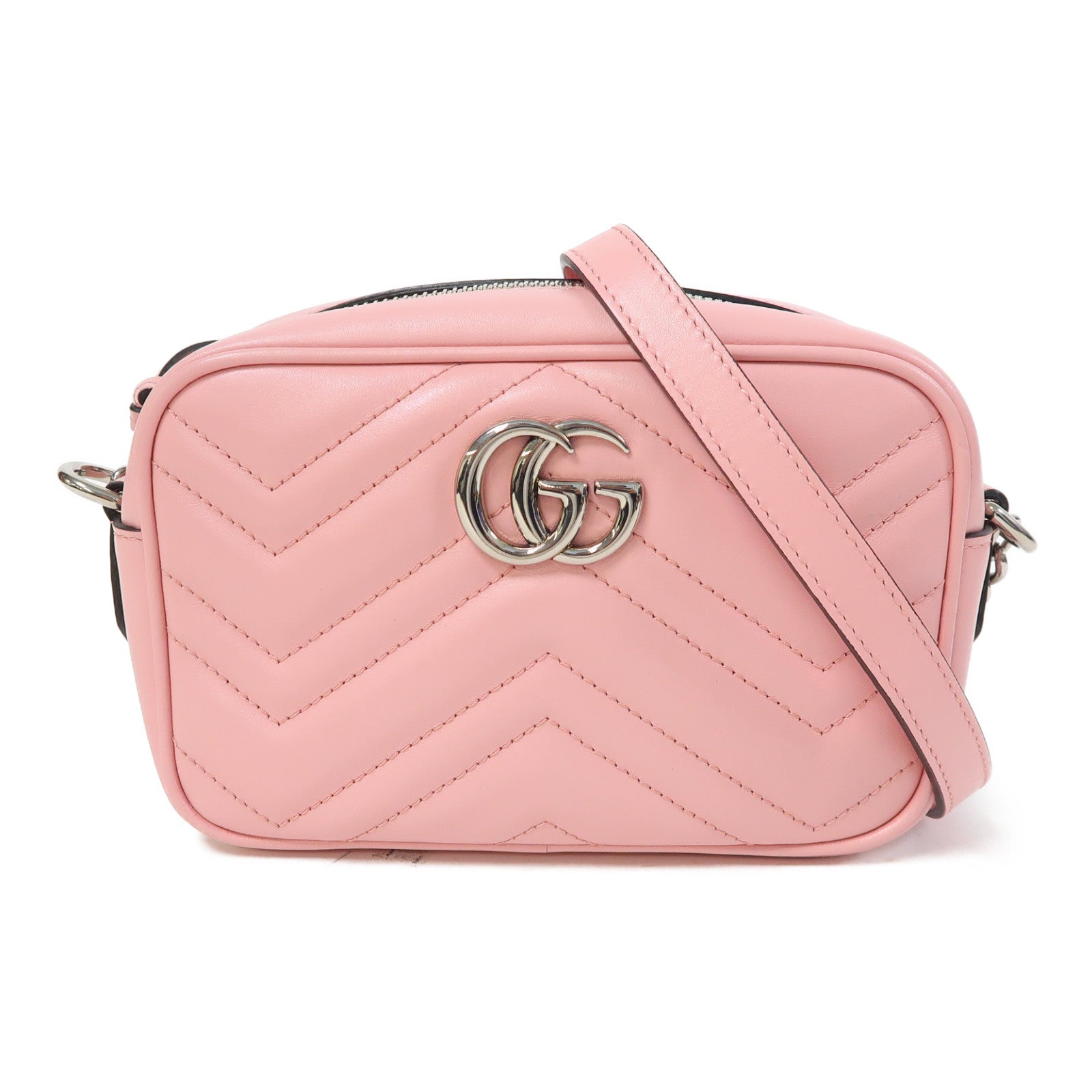 GUCCI 牛皮皮革GG Marmont Mini銀扣鏈帶肩背袋粉紅色