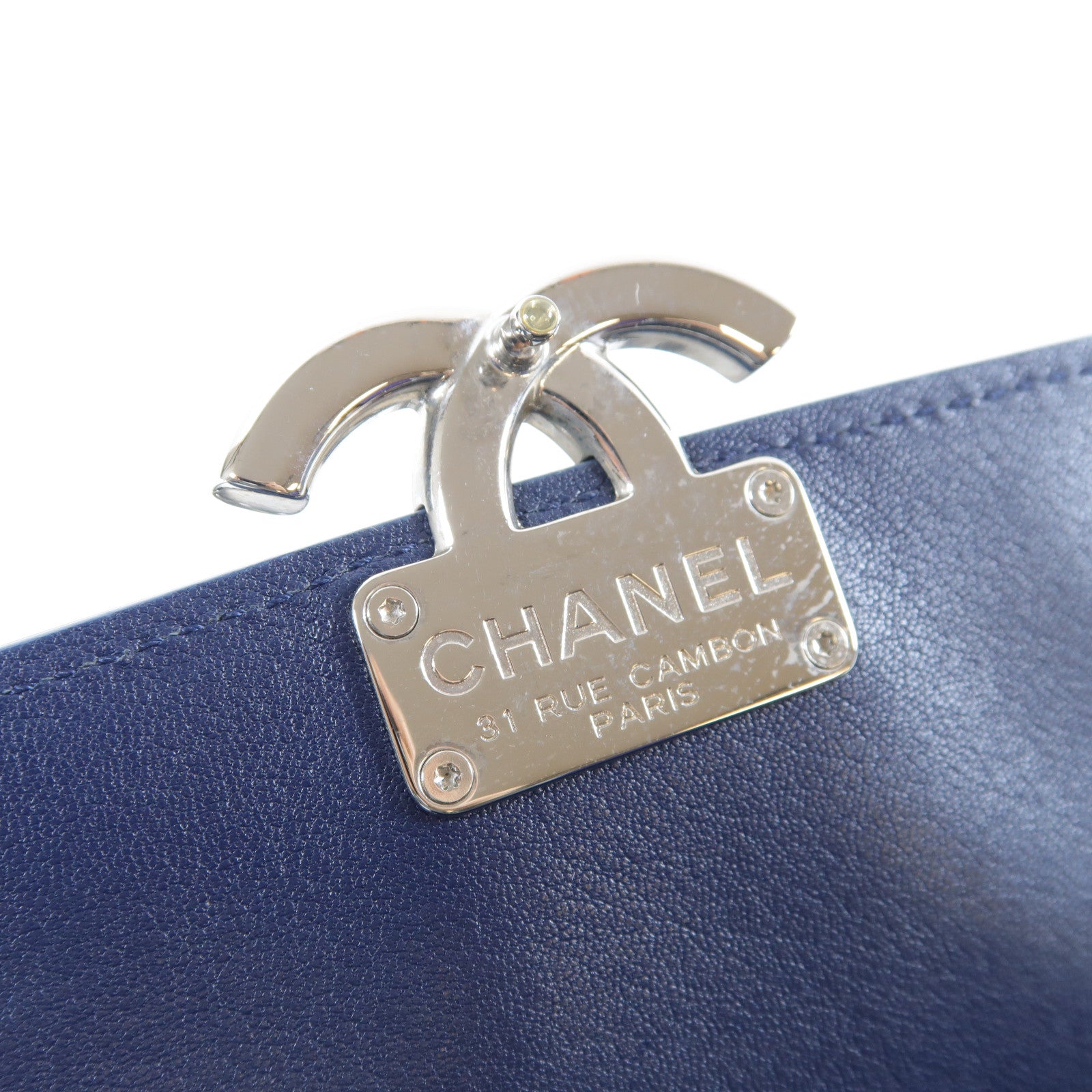 CHANEL 菱格牛皮皮革Chain Shoulder Bag銀扣鏈帶肩背袋深藍色