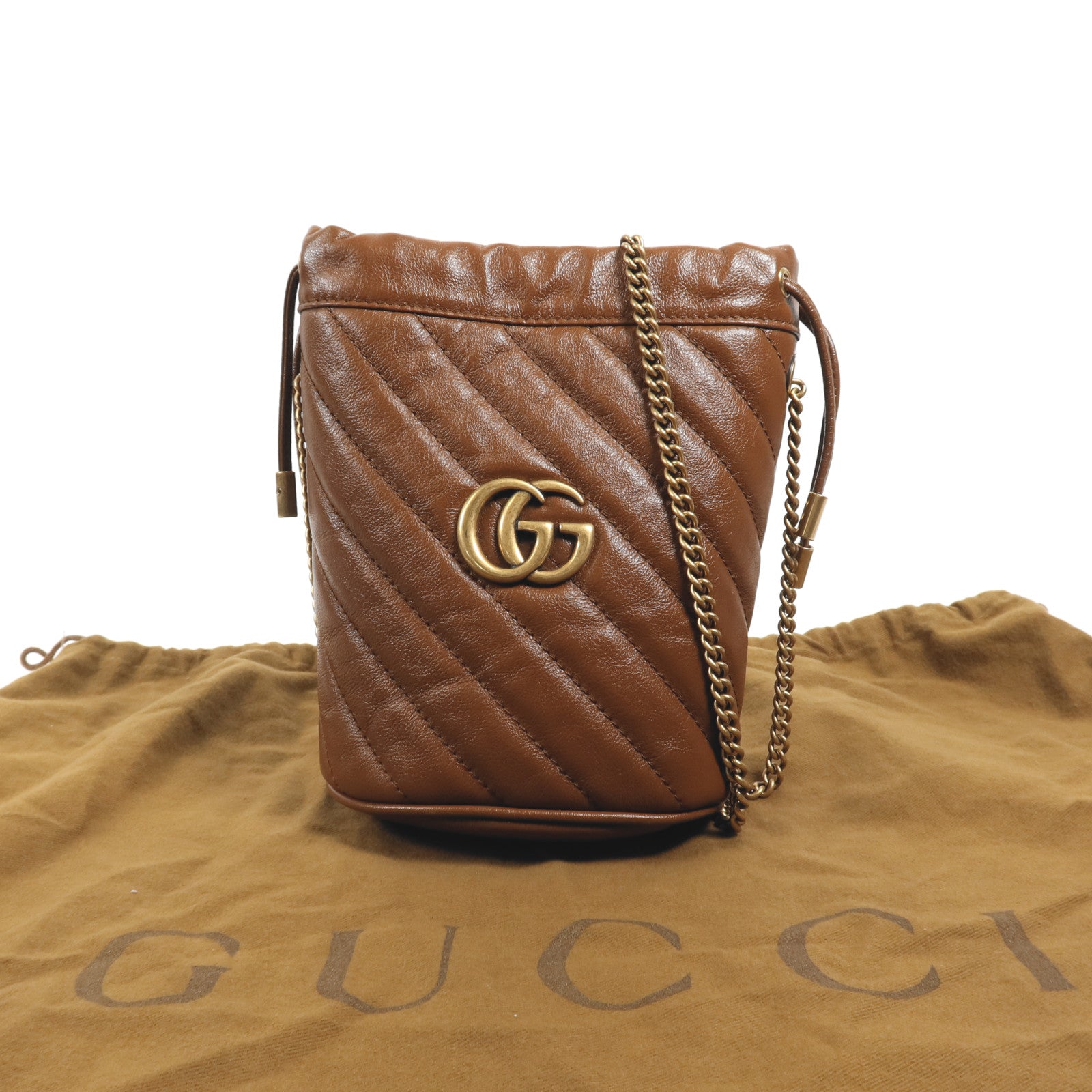 GUCCI 牛皮皮革GG Marmont Bucket金扣鏈帶肩背袋