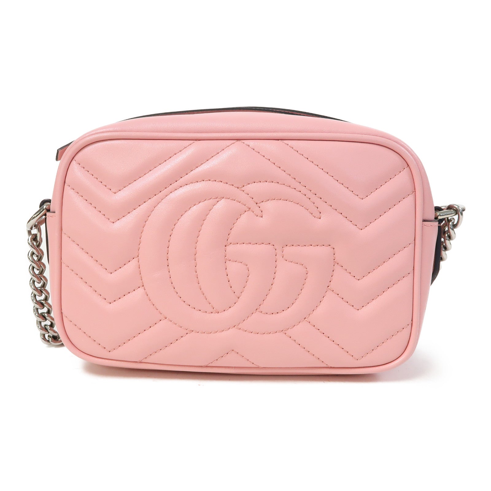 GUCCI 牛皮皮革GG Marmont Mini銀扣鏈帶肩背袋粉紅色