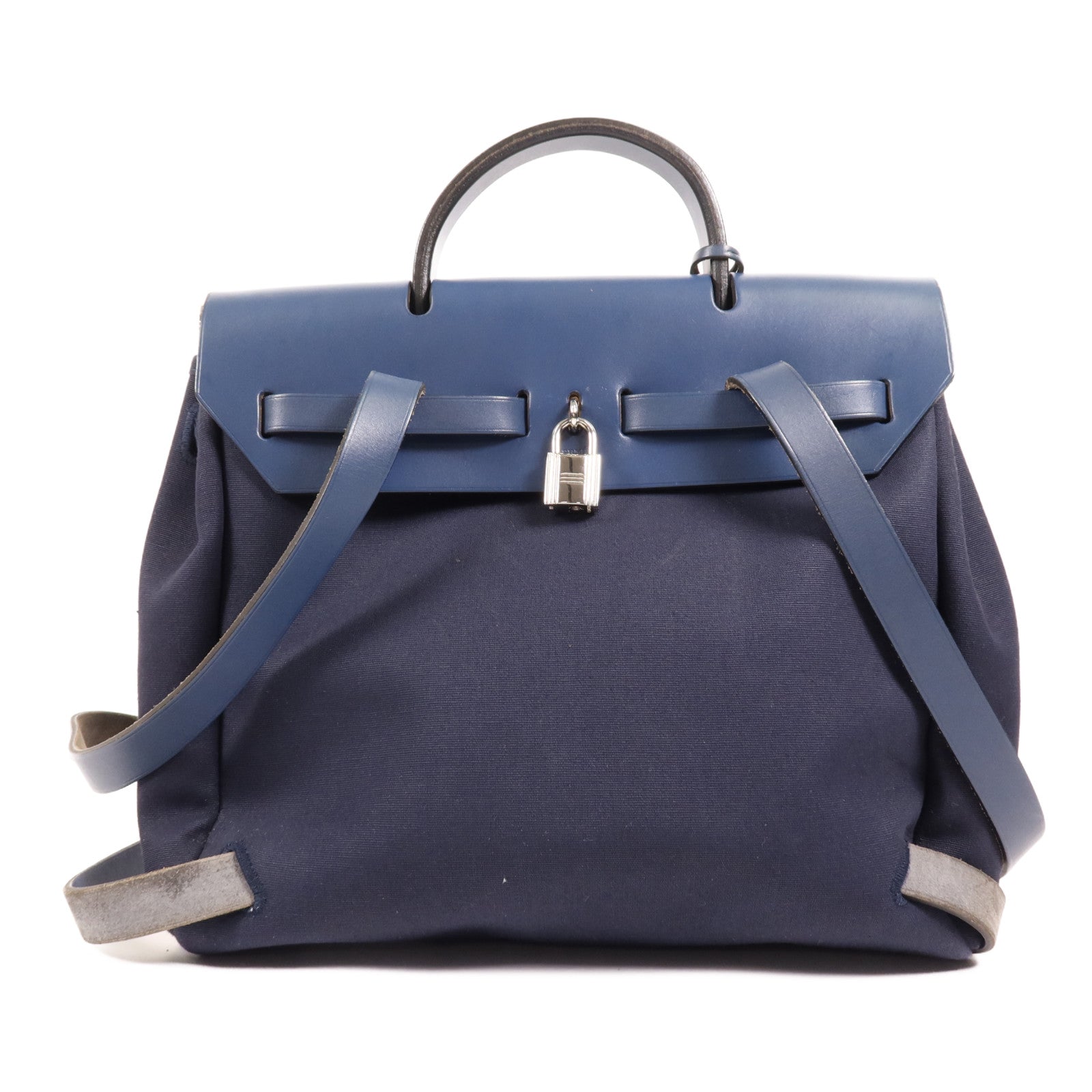 HERMES 帆布/皮革Herbag Backpack銀扣背包Navy