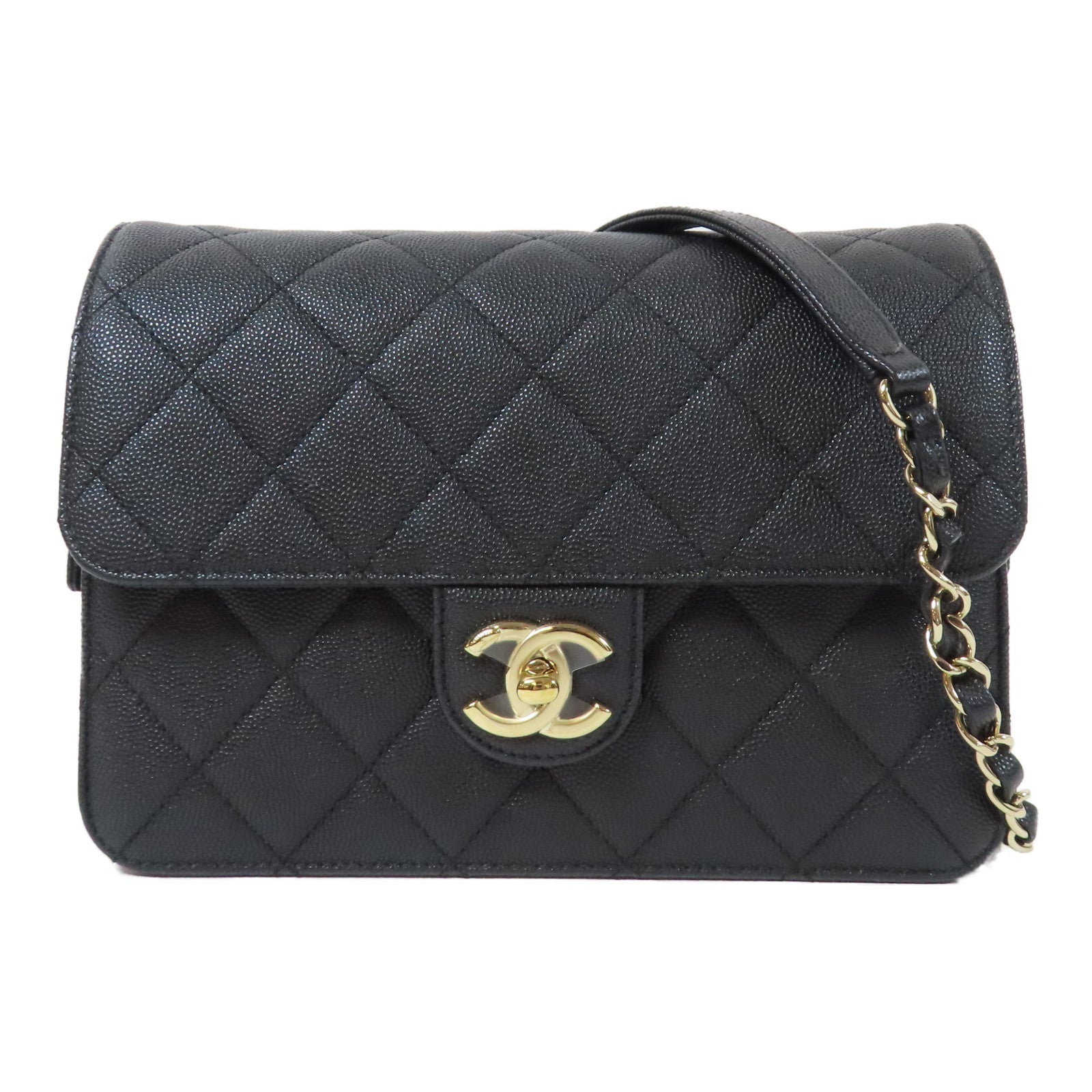 CHANEL 菱格牛皮皮革Chain Shoulder金扣鏈帶肩背袋黑色