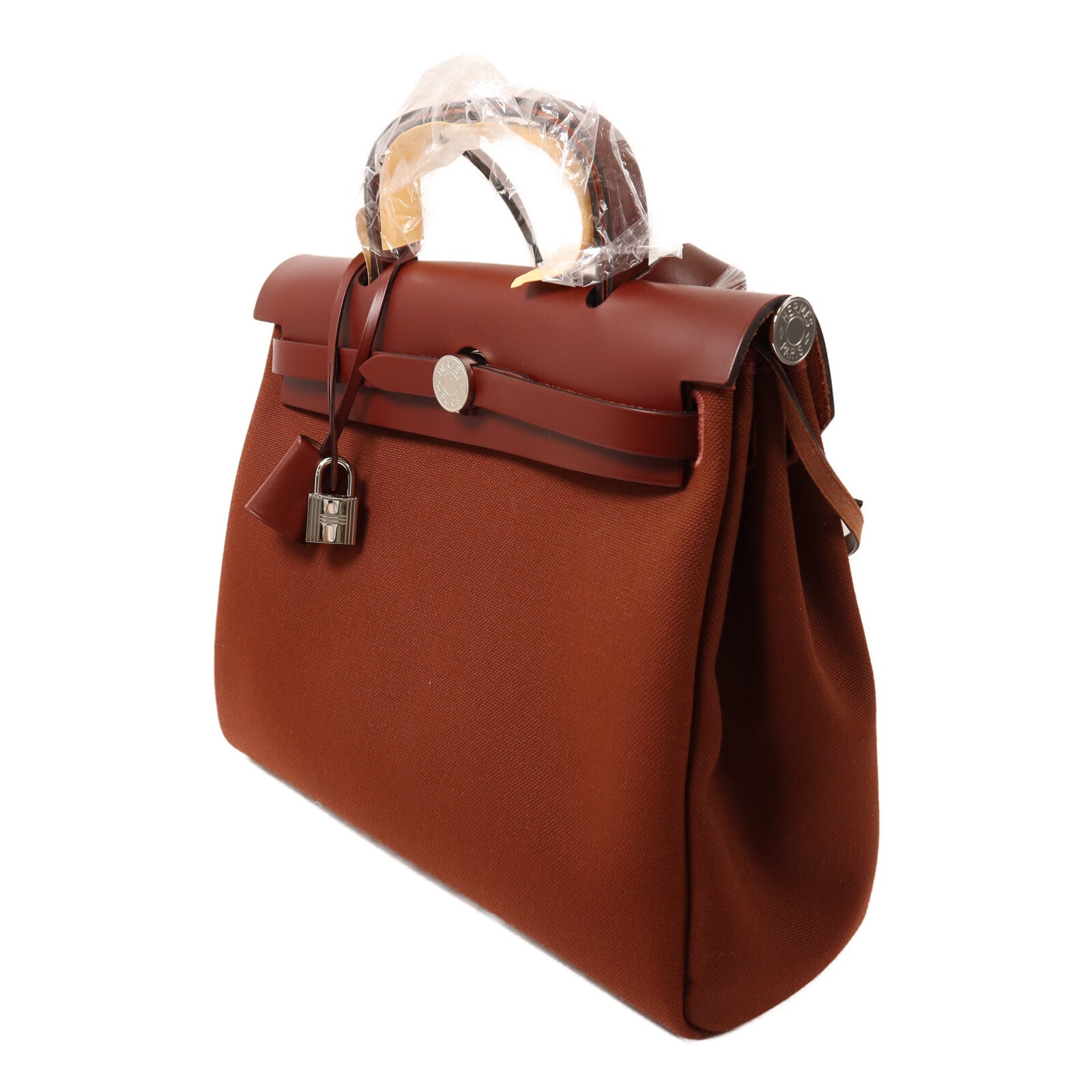 HERMES 帆布Herbag PM銀扣手挽肩背兩用袋Rouge H