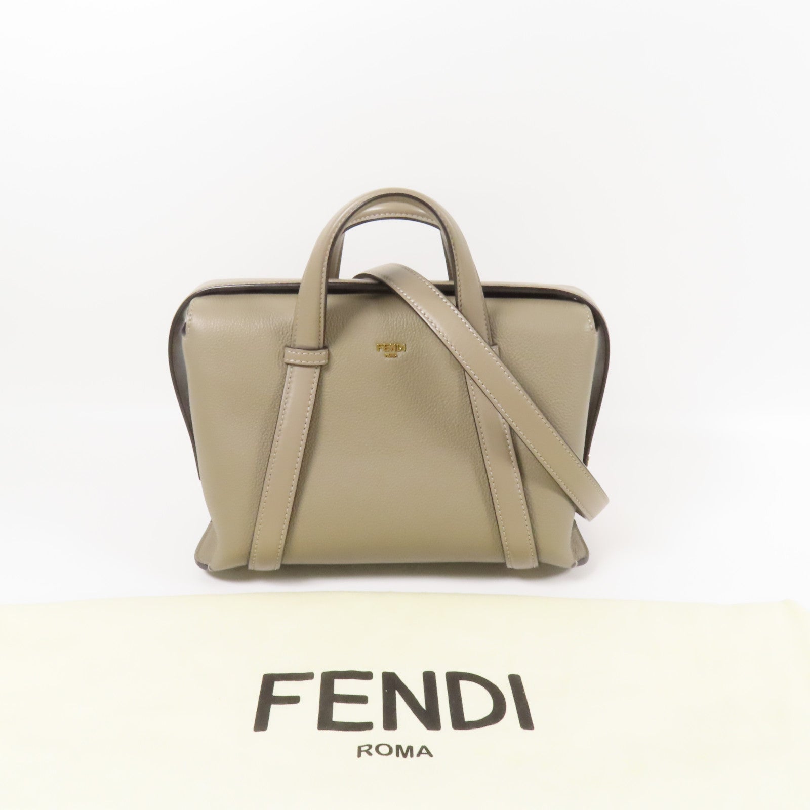 FENDI 牛皮皮革Boston 365金扣手挽肩背兩用袋米