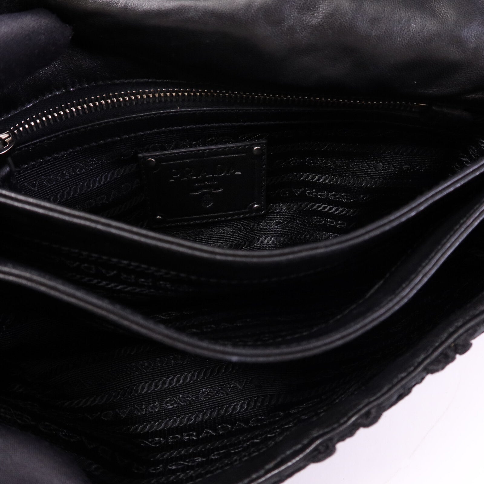 PRADA 針織布料/羊皮皮革Guipure Lace Shoulder Bag肩背袋