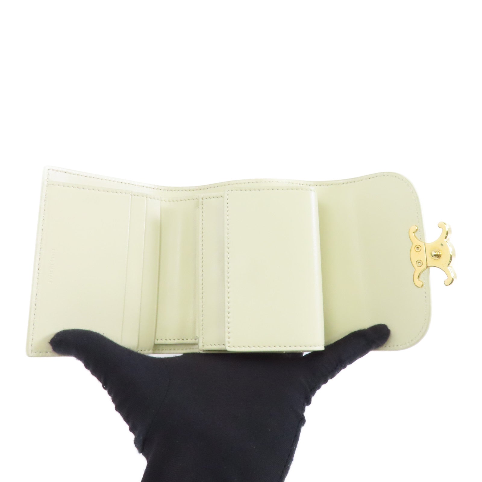 CELINE 牛皮皮革Wallet金扣錢包米色