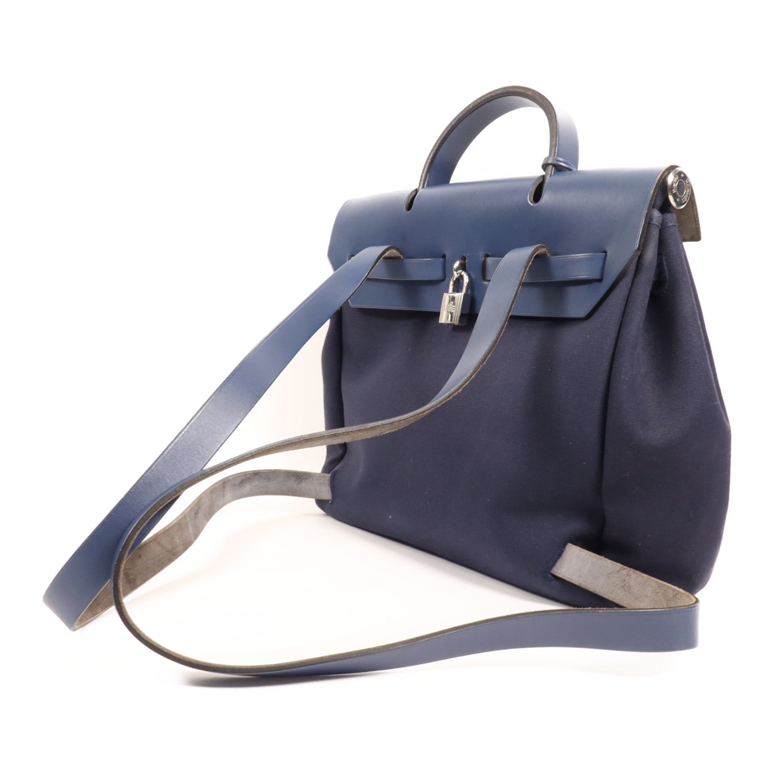 HERMES 帆布/皮革Herbag Backpack銀扣背包Navy