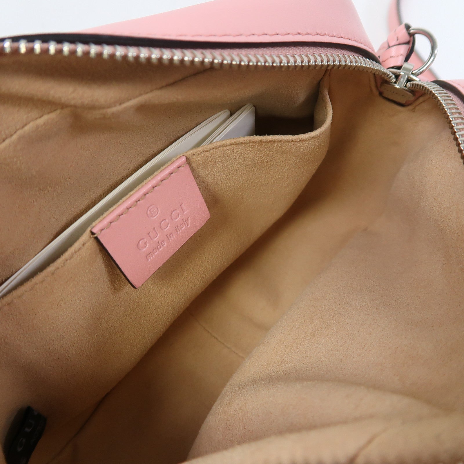 GUCCI 牛皮皮革GG Marmont Mini銀扣鏈帶肩背袋粉紅色