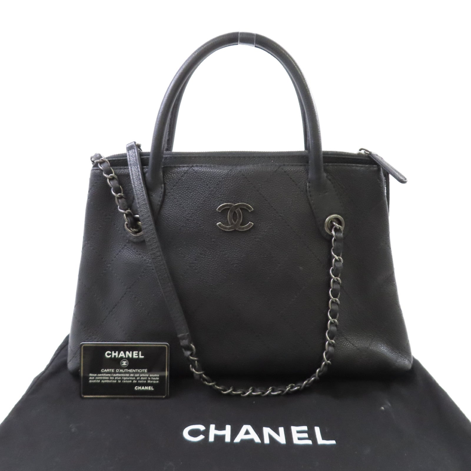 CHANEL 【激減優惠】菱格Caviar皮革2Way Shoulder Bag銀扣鏈帶手挽肩背兩用袋黑色
