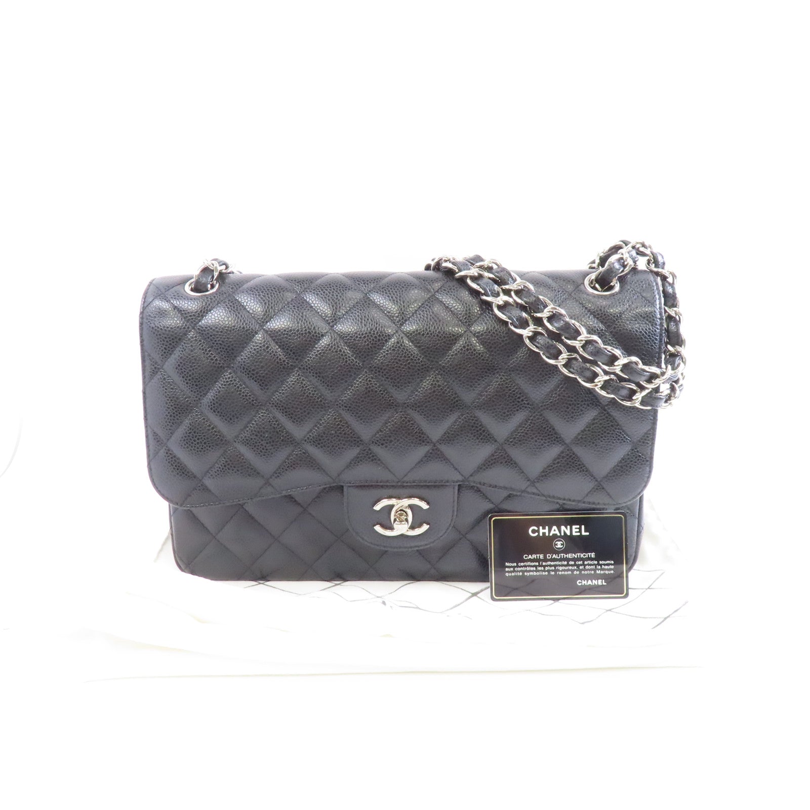 CHANEL 菱格Caviar皮革Classic Jumbo銀扣鏈帶肩背袋黑色