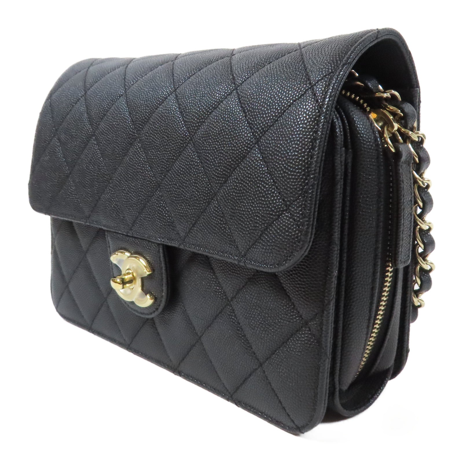 CHANEL 菱格牛皮皮革Chain Shoulder金扣鏈帶肩背袋黑色