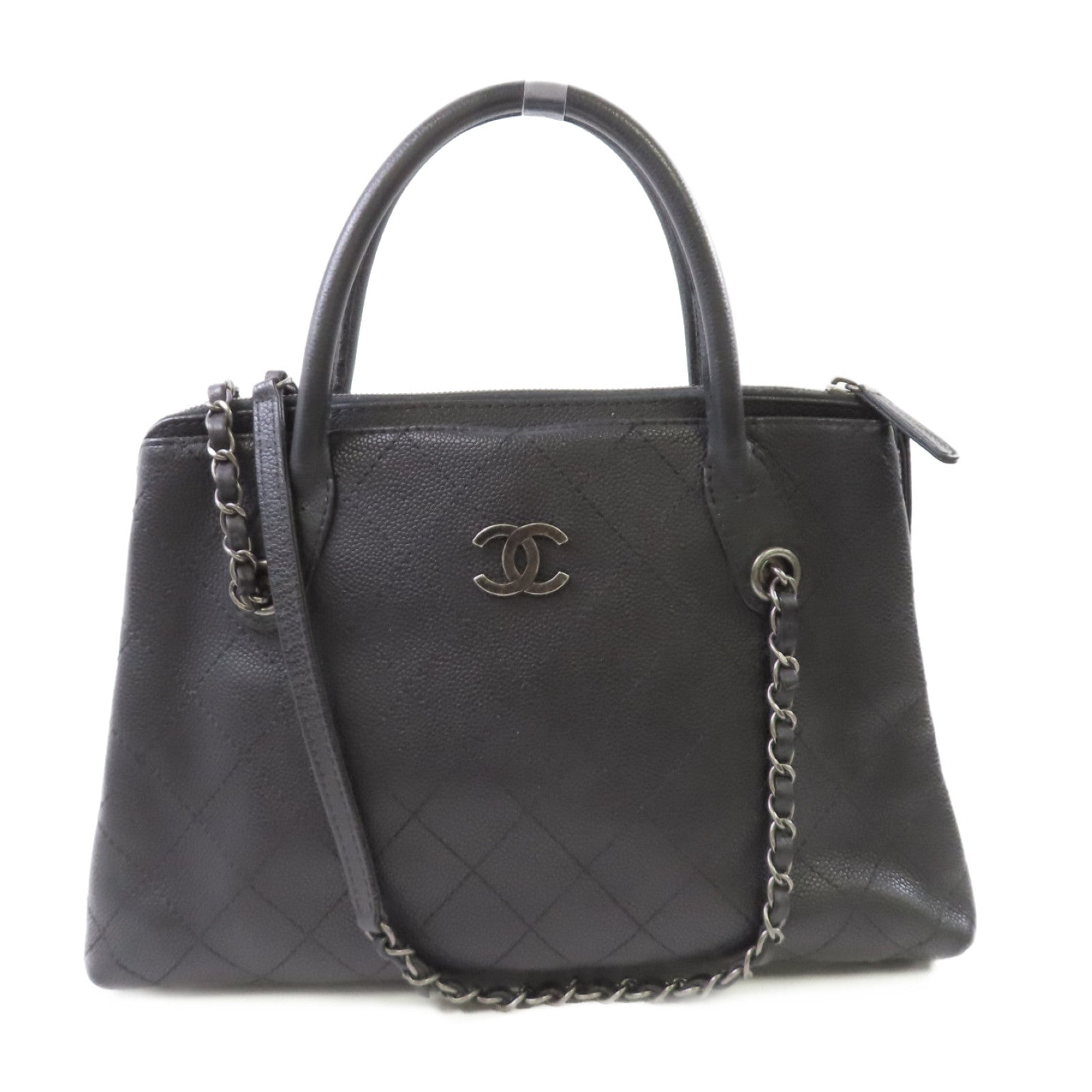 CHANEL 【激減優惠】菱格Caviar皮革2Way Shoulder Bag銀扣鏈帶手挽肩背兩用袋黑色